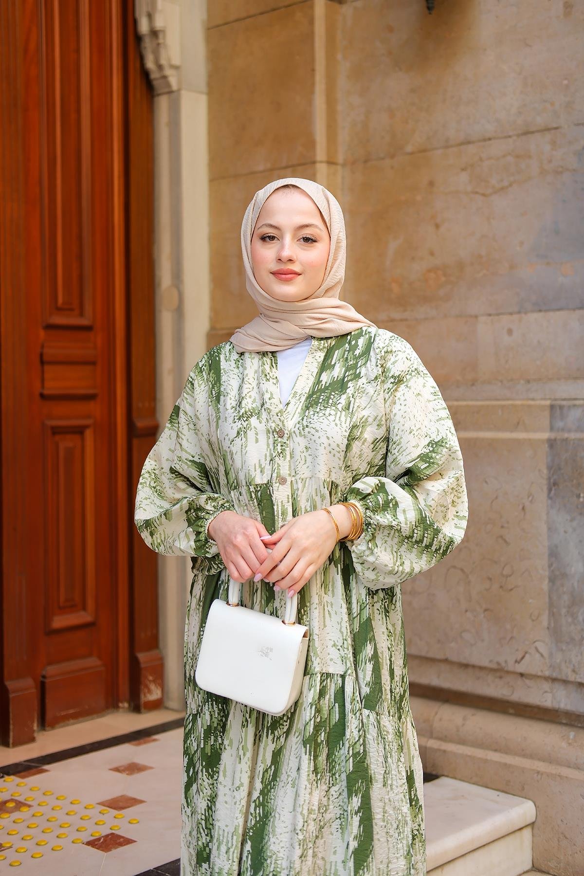 Fırça Desenli Elbise Yeşil