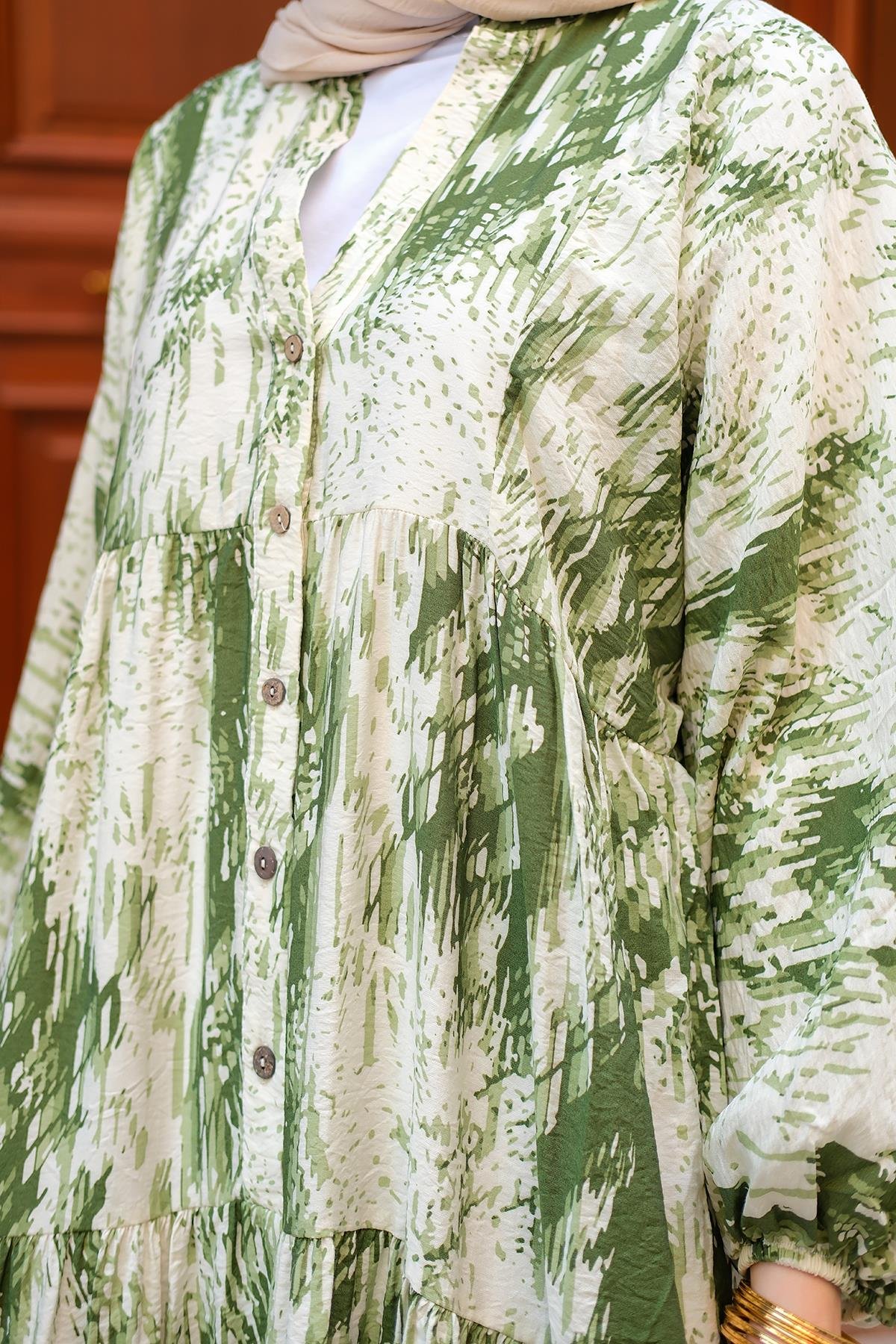 Fırça Desenli Elbise Yeşil