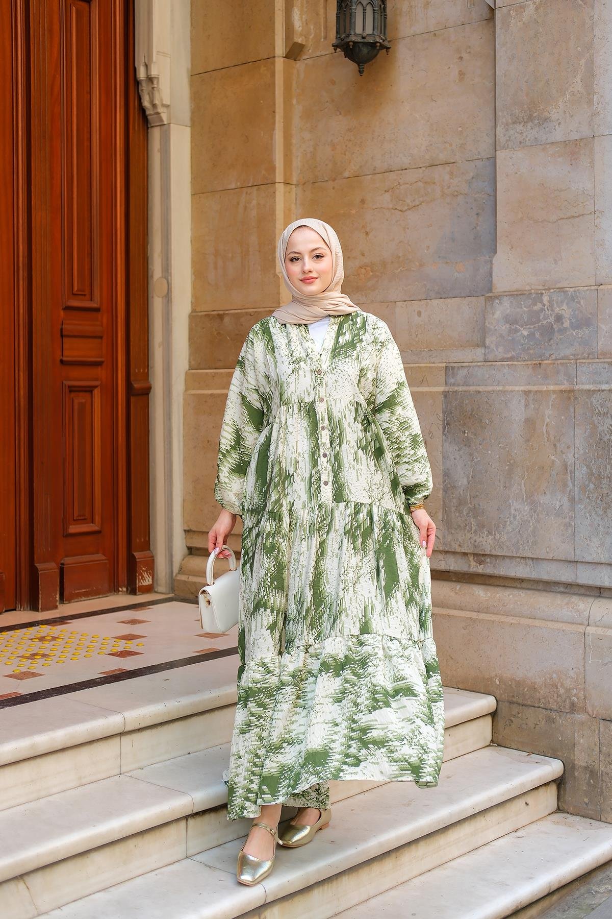 Fırça Desenli Elbise Yeşil