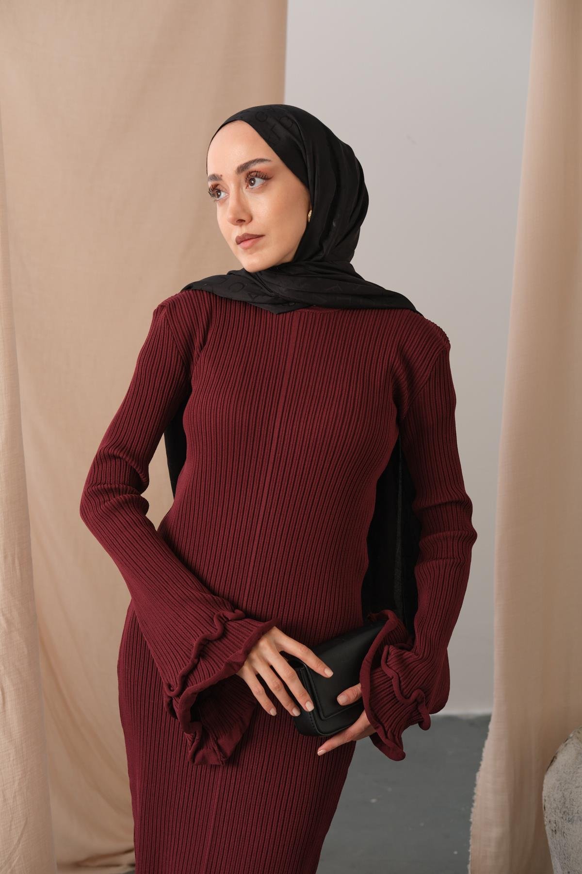 Fırfır Detay Elbise Bordo