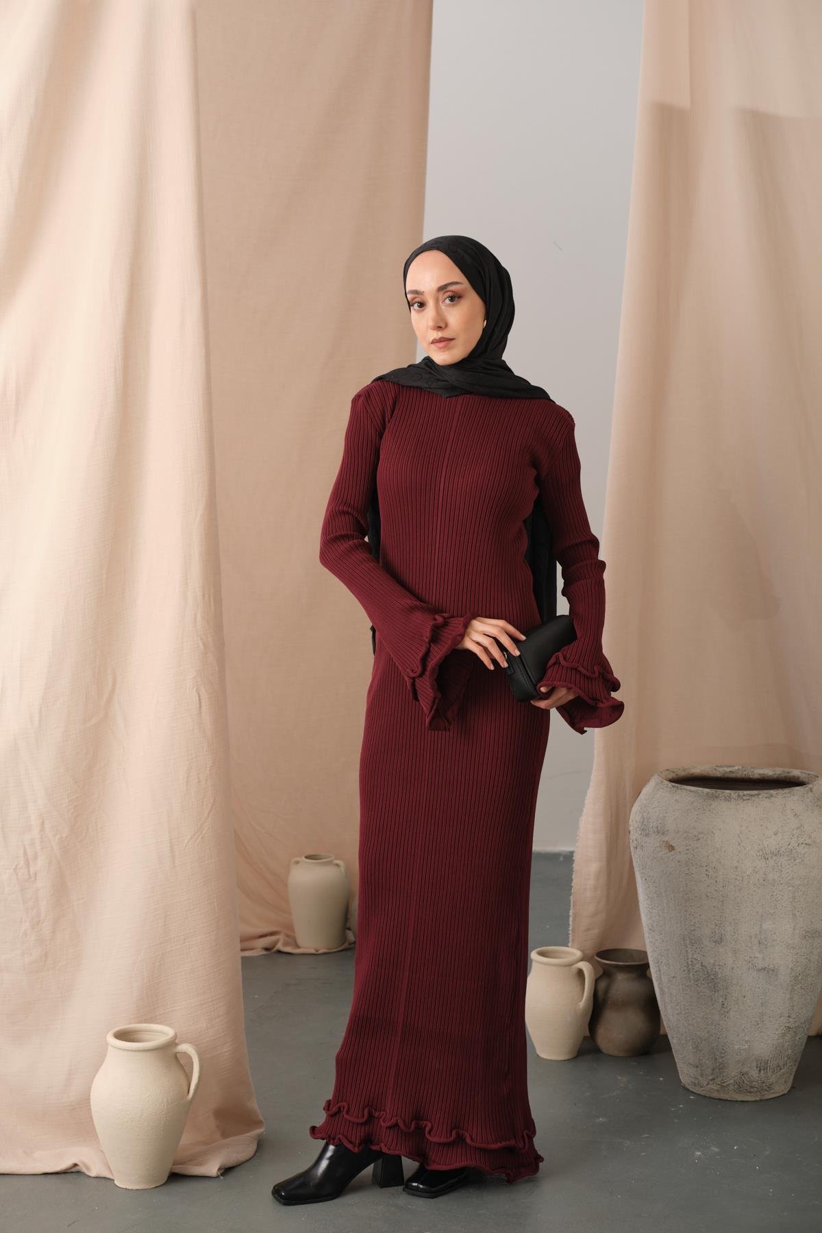 Fırfır Detay Elbise Bordo