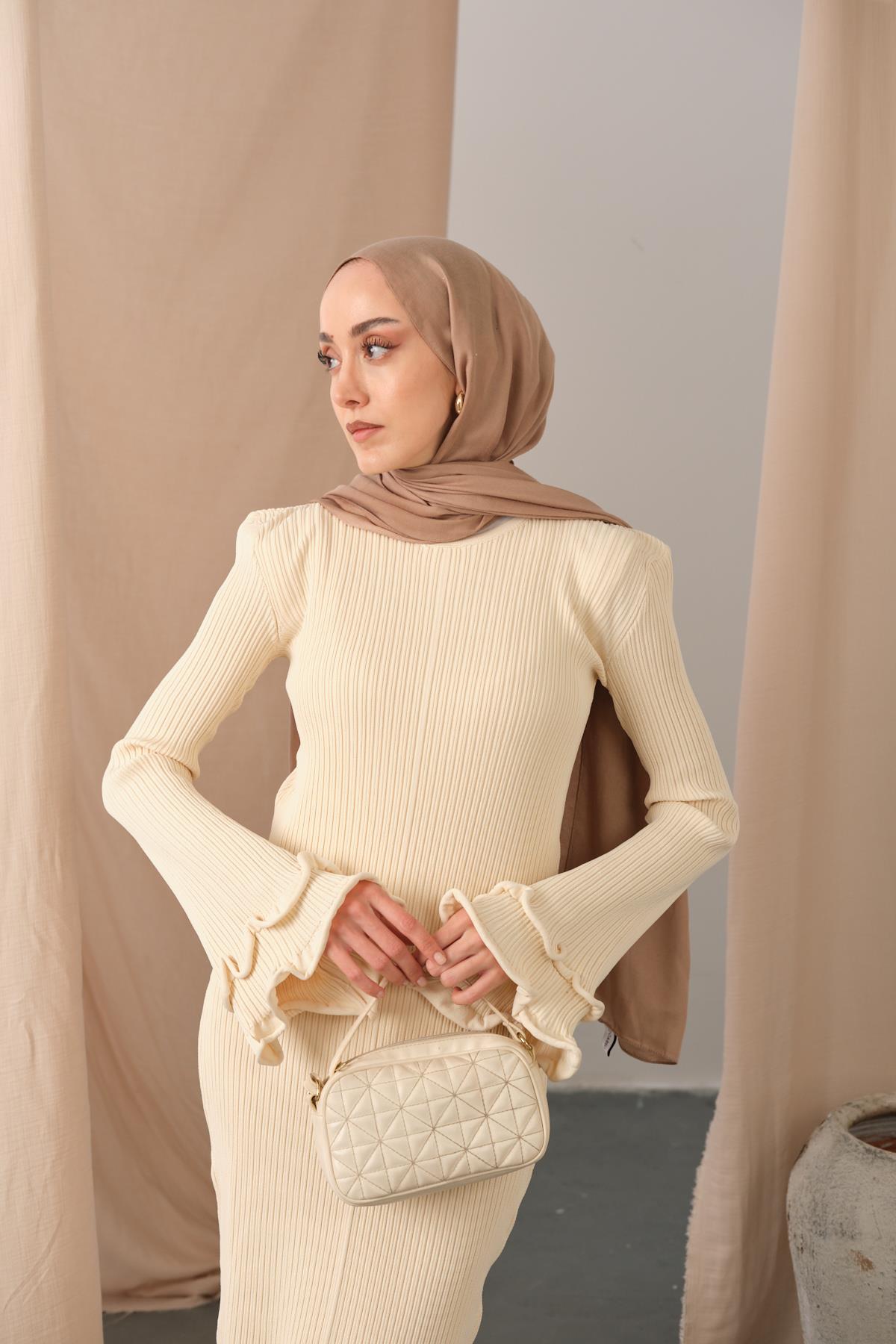 Fırfır Detay Elbise Krem