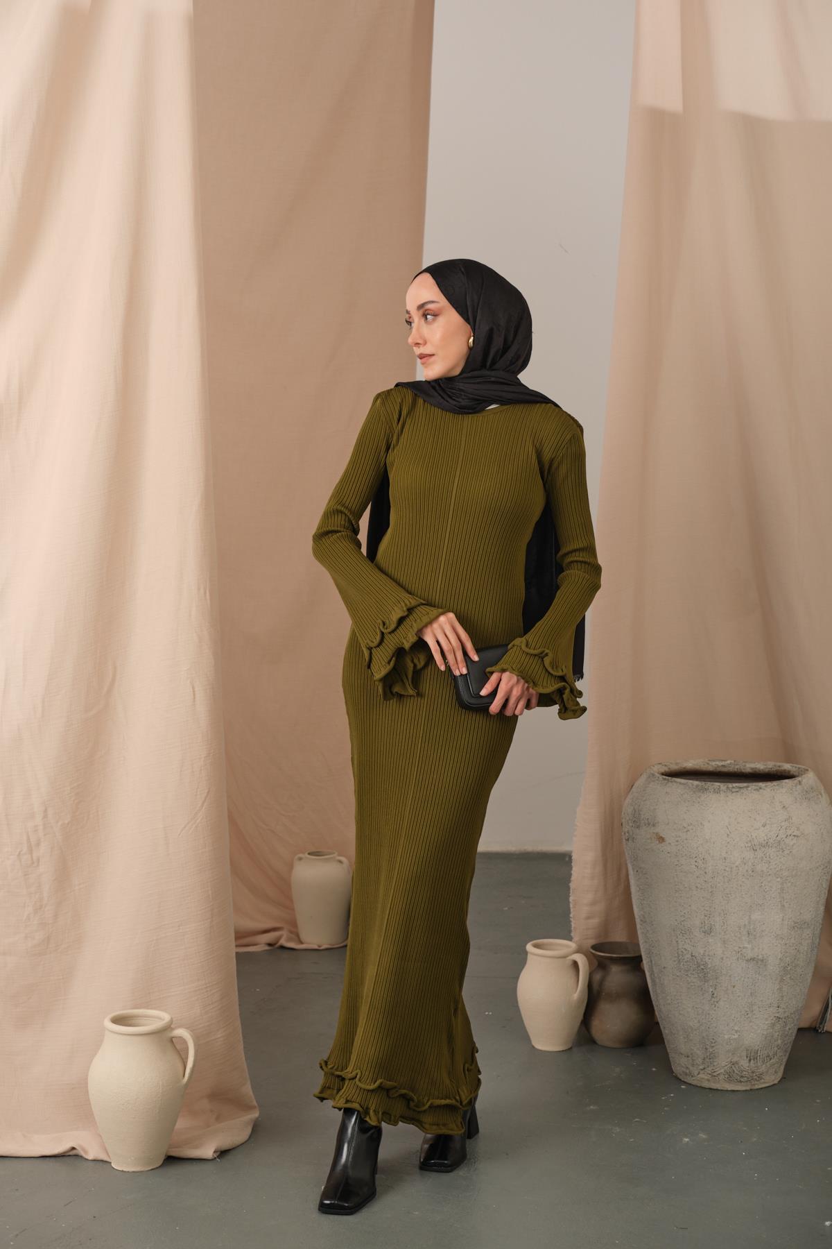 Fırfır Detay Elbise Yağ Yeşil