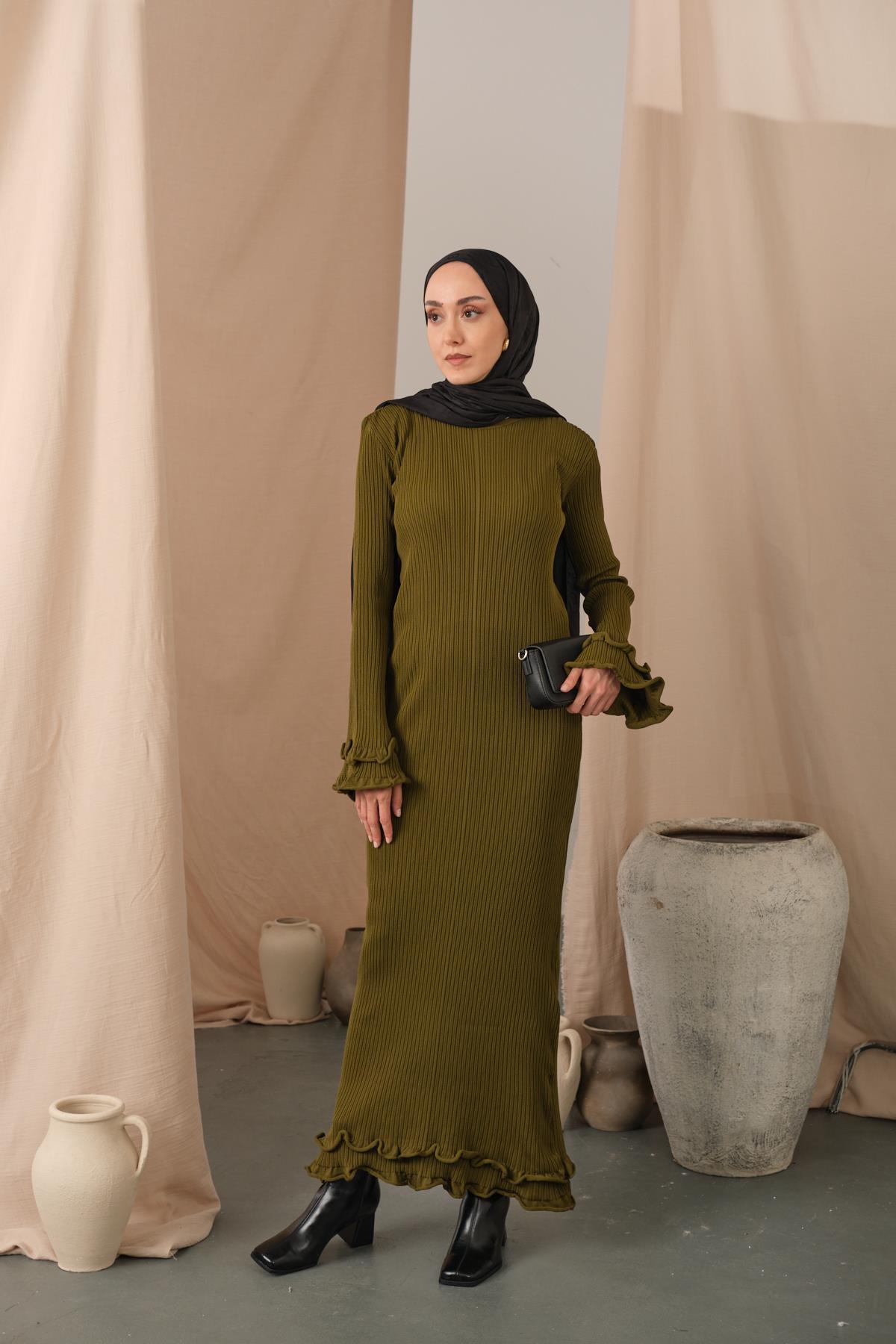 Fırfır Detay Elbise Yağ Yeşil