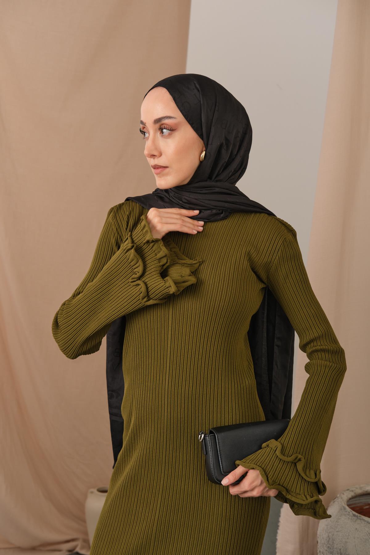 Fırfır Detay Elbise Yağ Yeşil