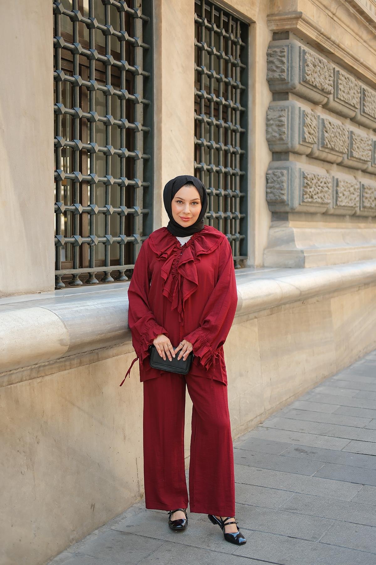 Fırfır Detay İkili Takım Bordo