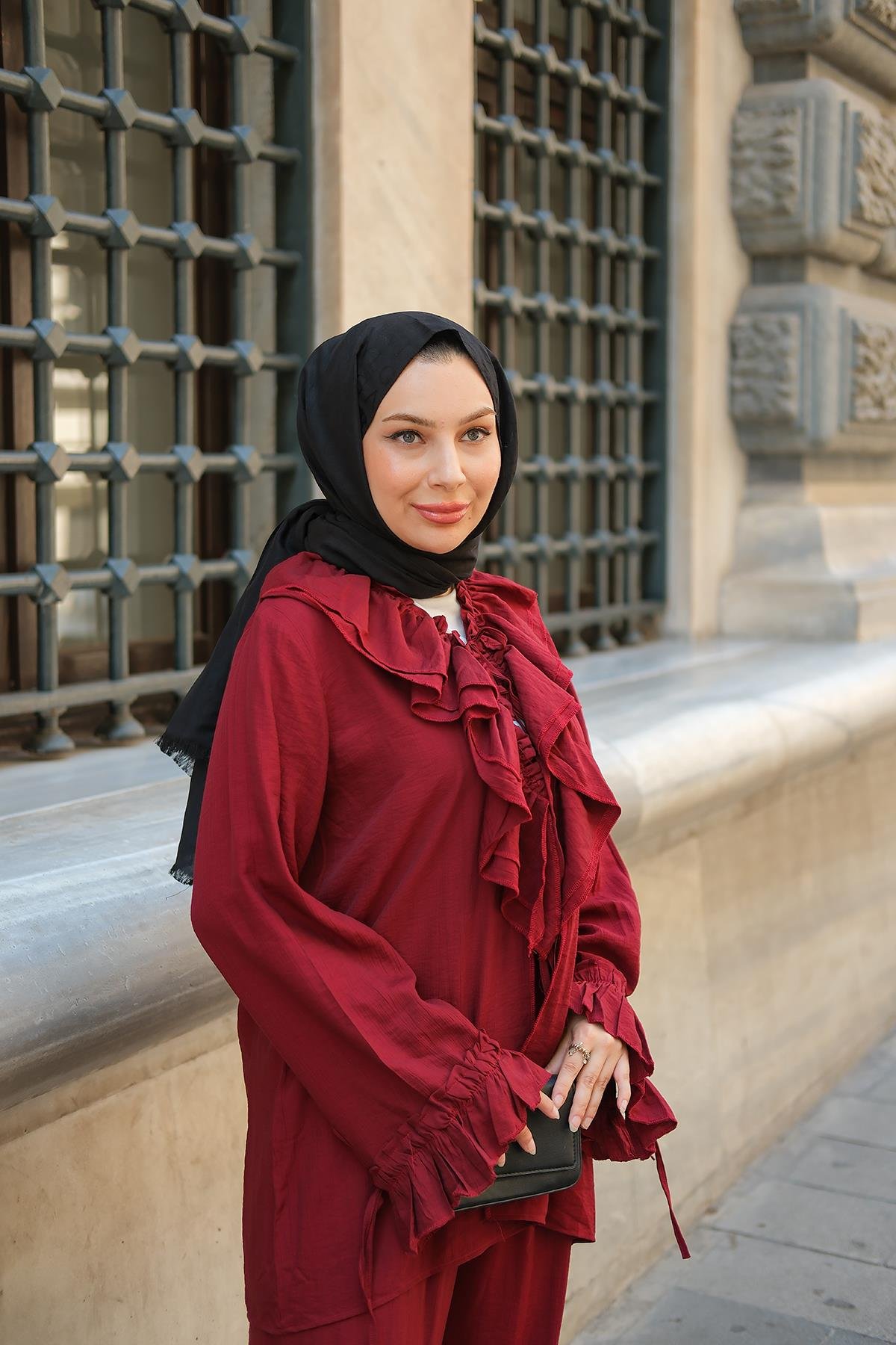 Fırfır Detay İkili Takım Bordo