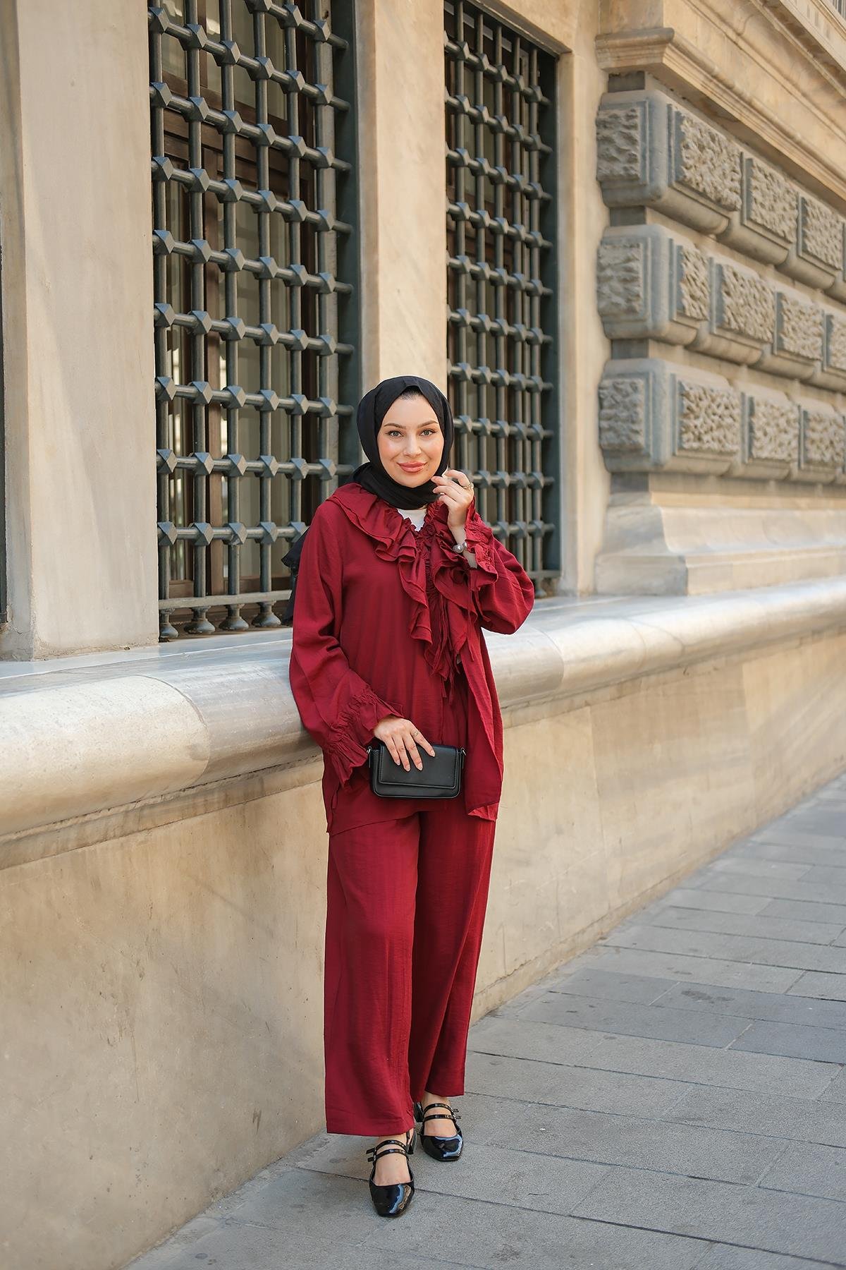 Fırfır Detay İkili Takım Bordo