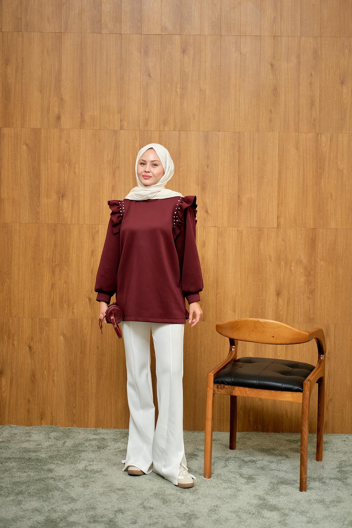 Fırfır Detay Taşlı Tunik Bordo