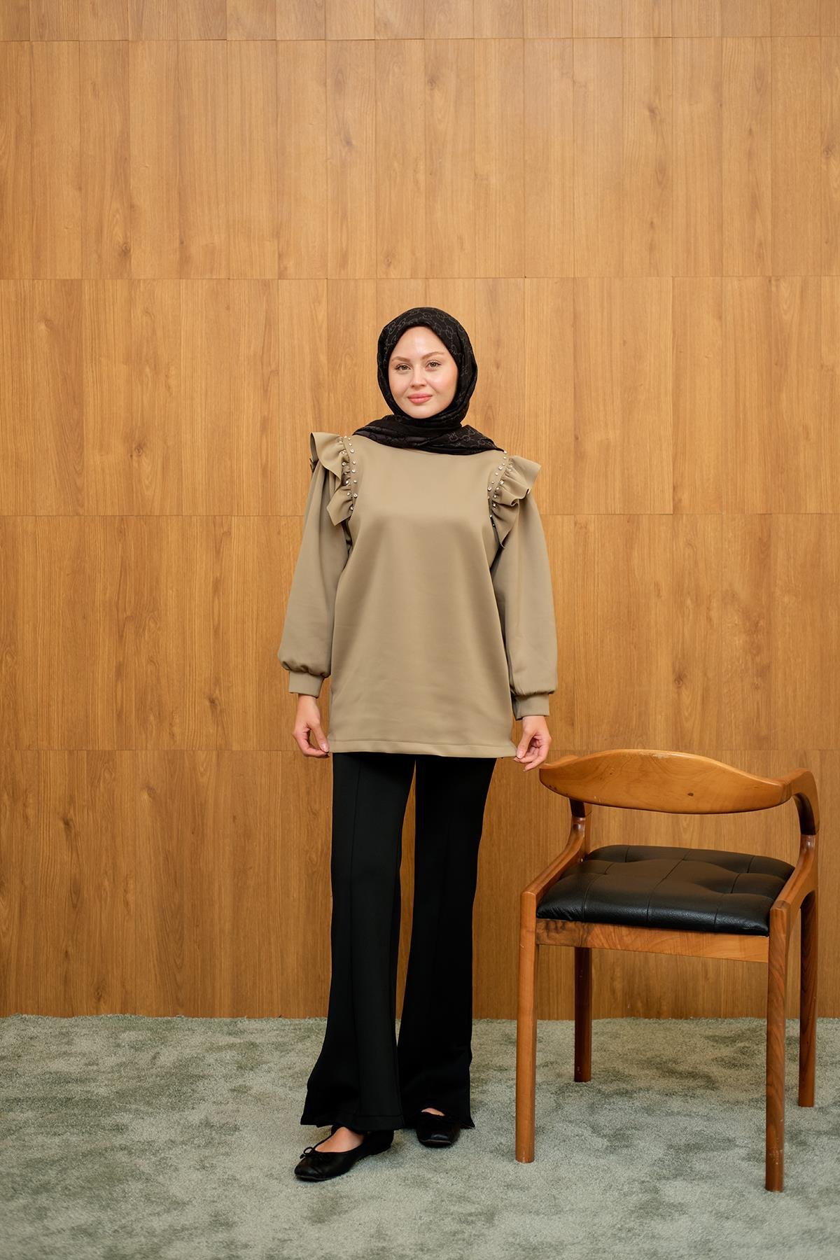 Fırfır Detay Taşlı Tunik Fıstık Yeşil