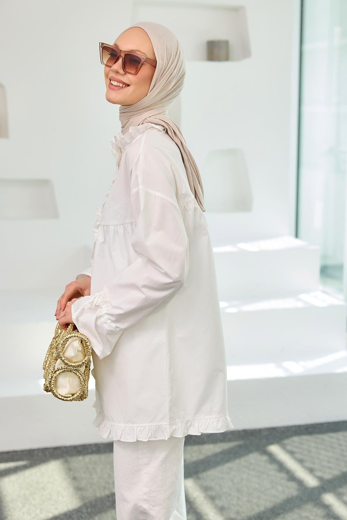 Fırfır Detaylı Gömlek Beyaz