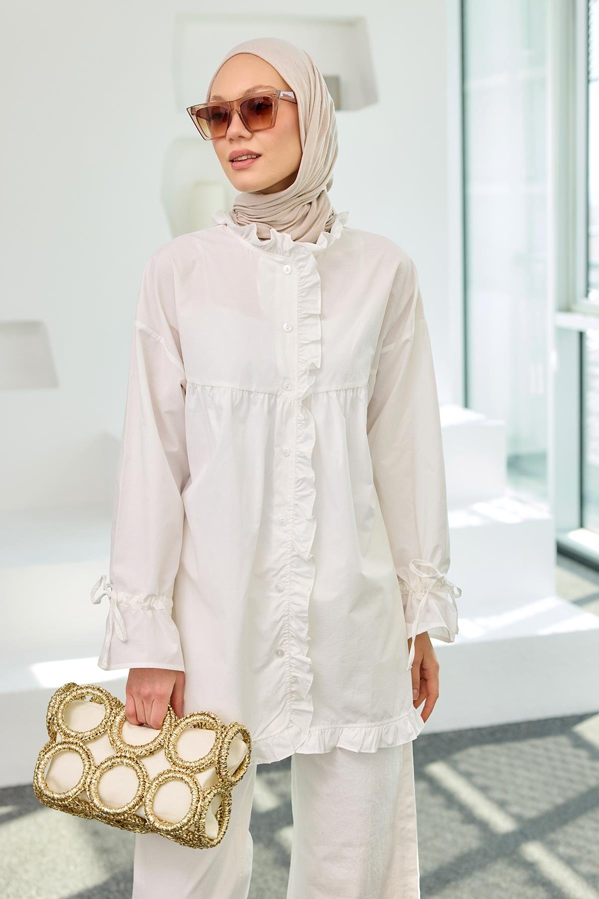 Fırfır Detaylı Gömlek Beyaz