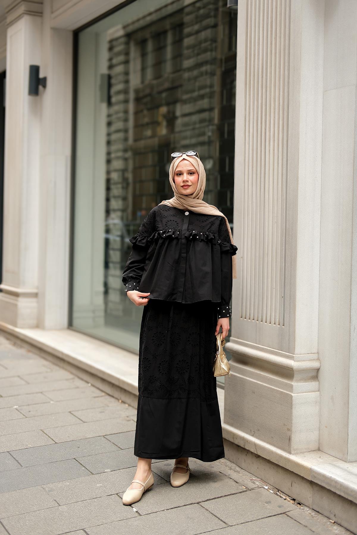 Fırfırı Taş İşlemeli Takım Siyah