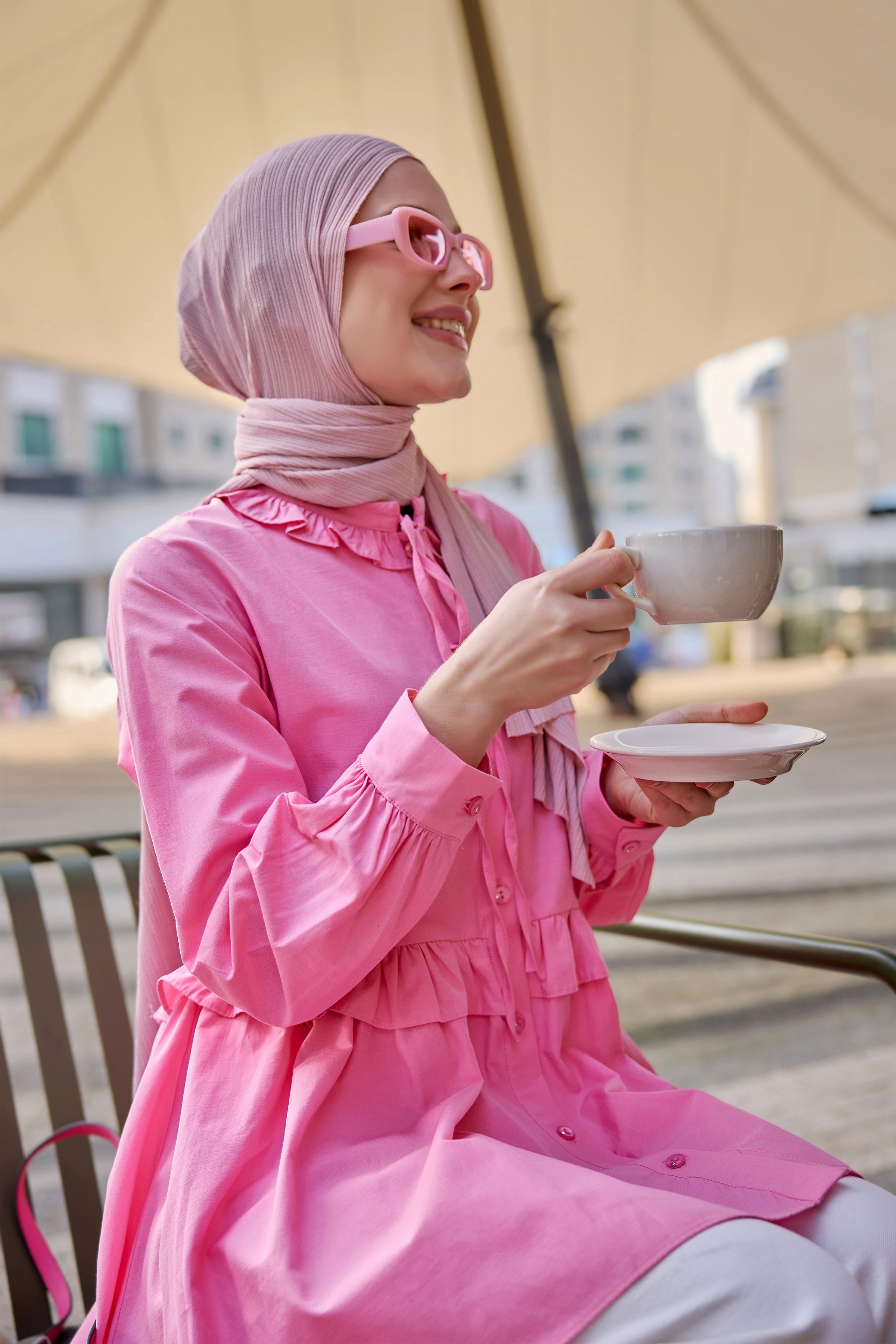 Fırfırlı Düğmesi Taş Detaylı Tunik Gömlek Pembe