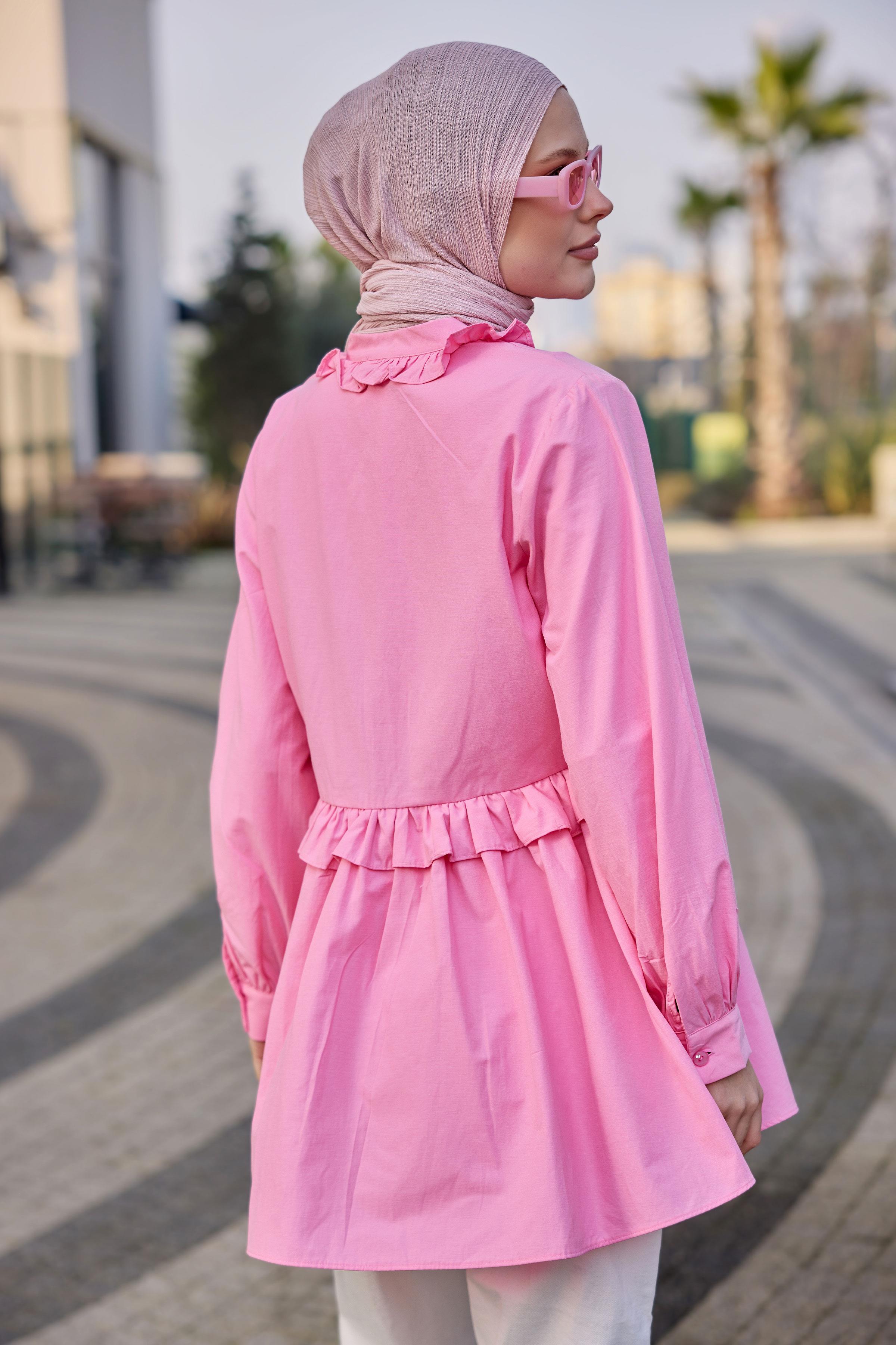 Fırfırlı Düğmesi Taş Detaylı Tunik Gömlek Pembe