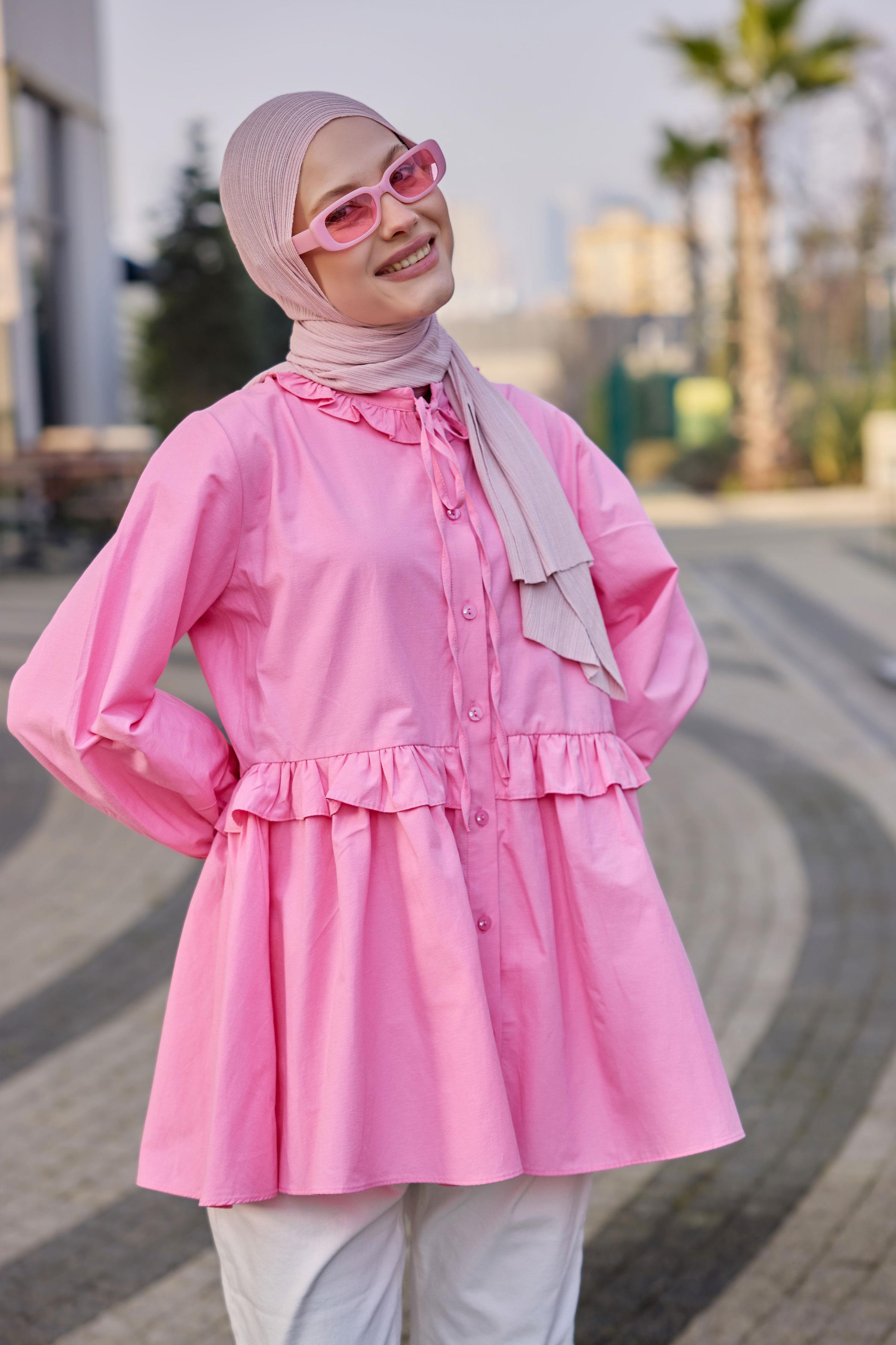 Fırfırlı Düğmesi Taş Detaylı Tunik Gömlek Pembe