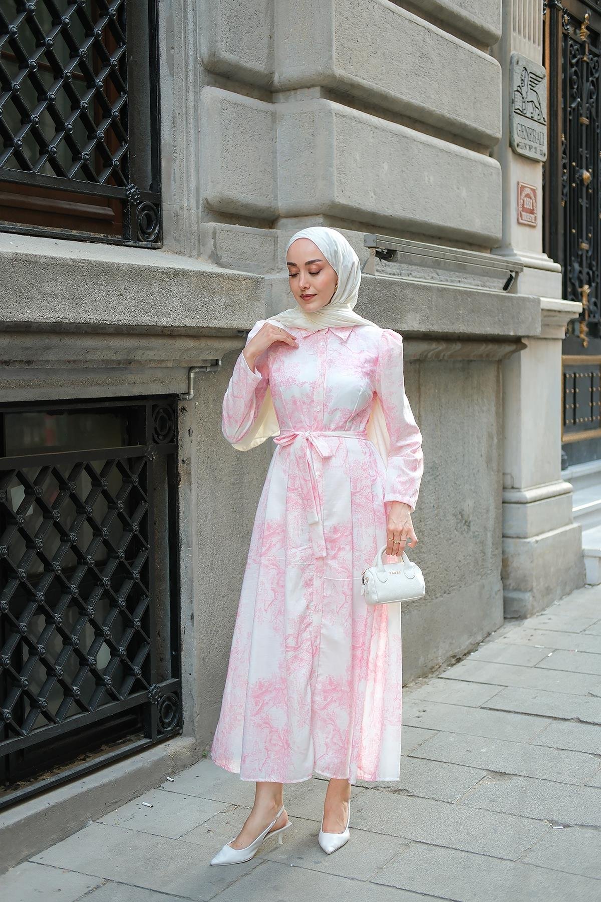 Fiyonk Detaylı Keten Elbise Pembe