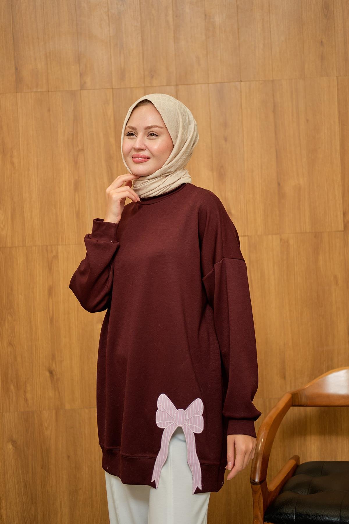 Fiyonk Nakışlı Tunik Bordo