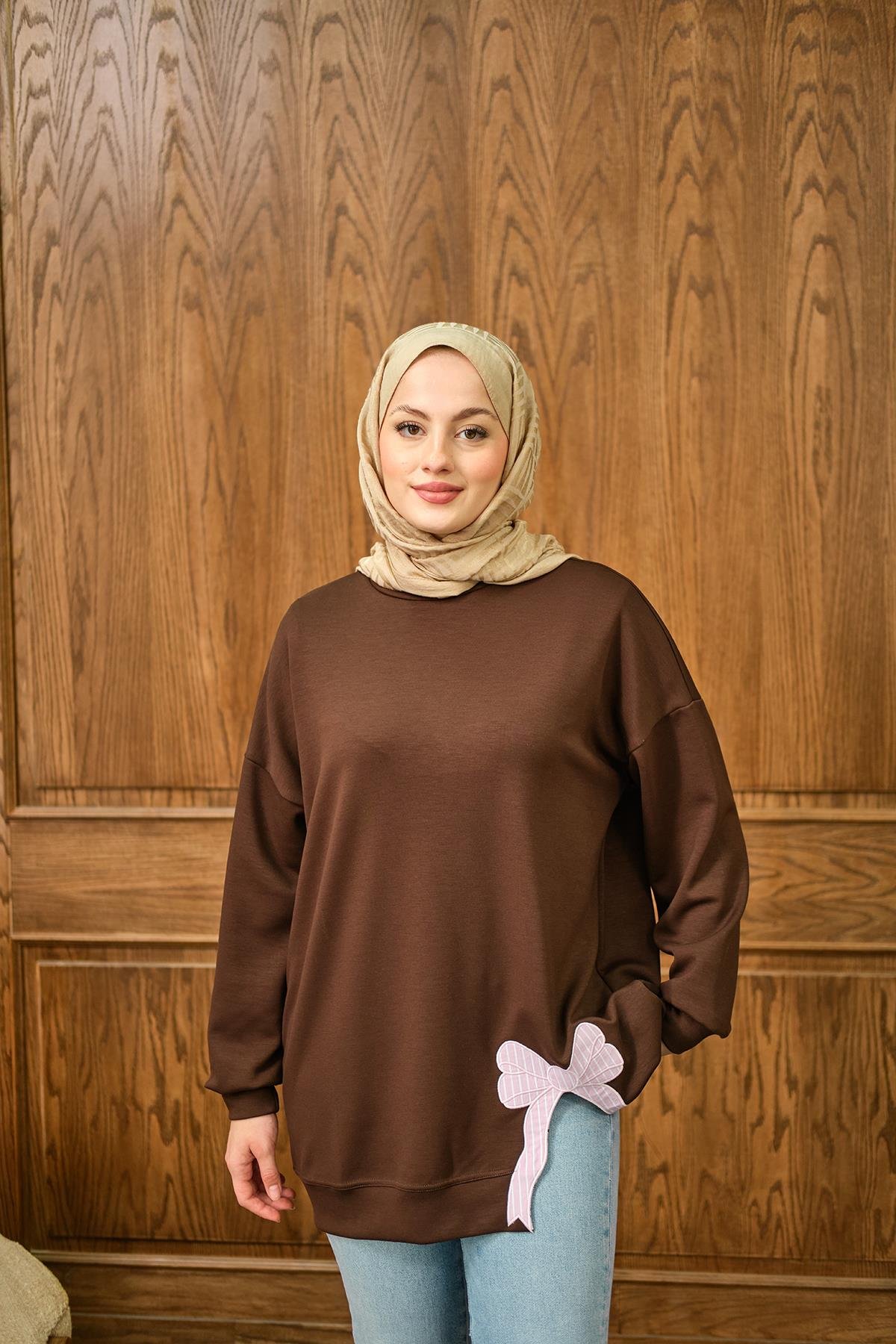 Fiyonk Nakışlı Tunik Kahverengi