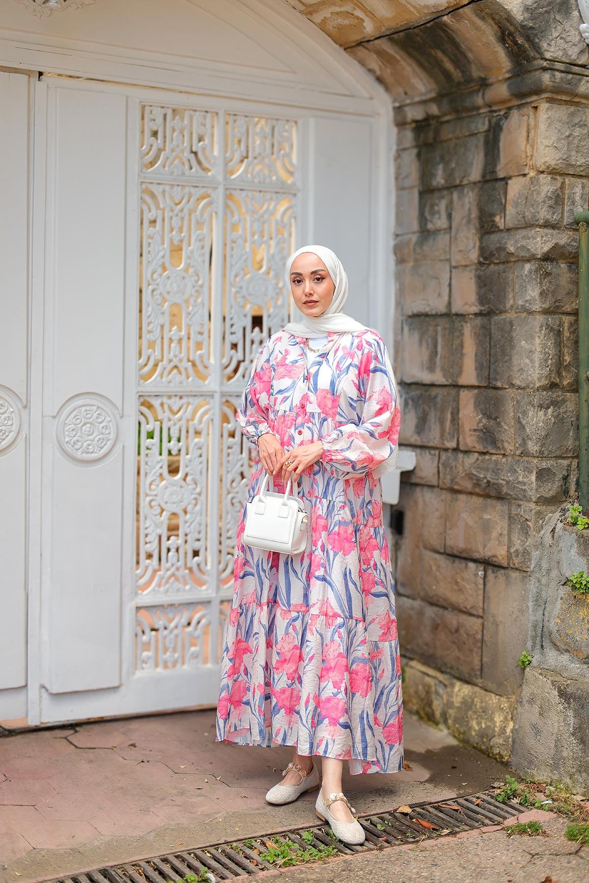 Flora Çicek Desenli Elbise Pembe