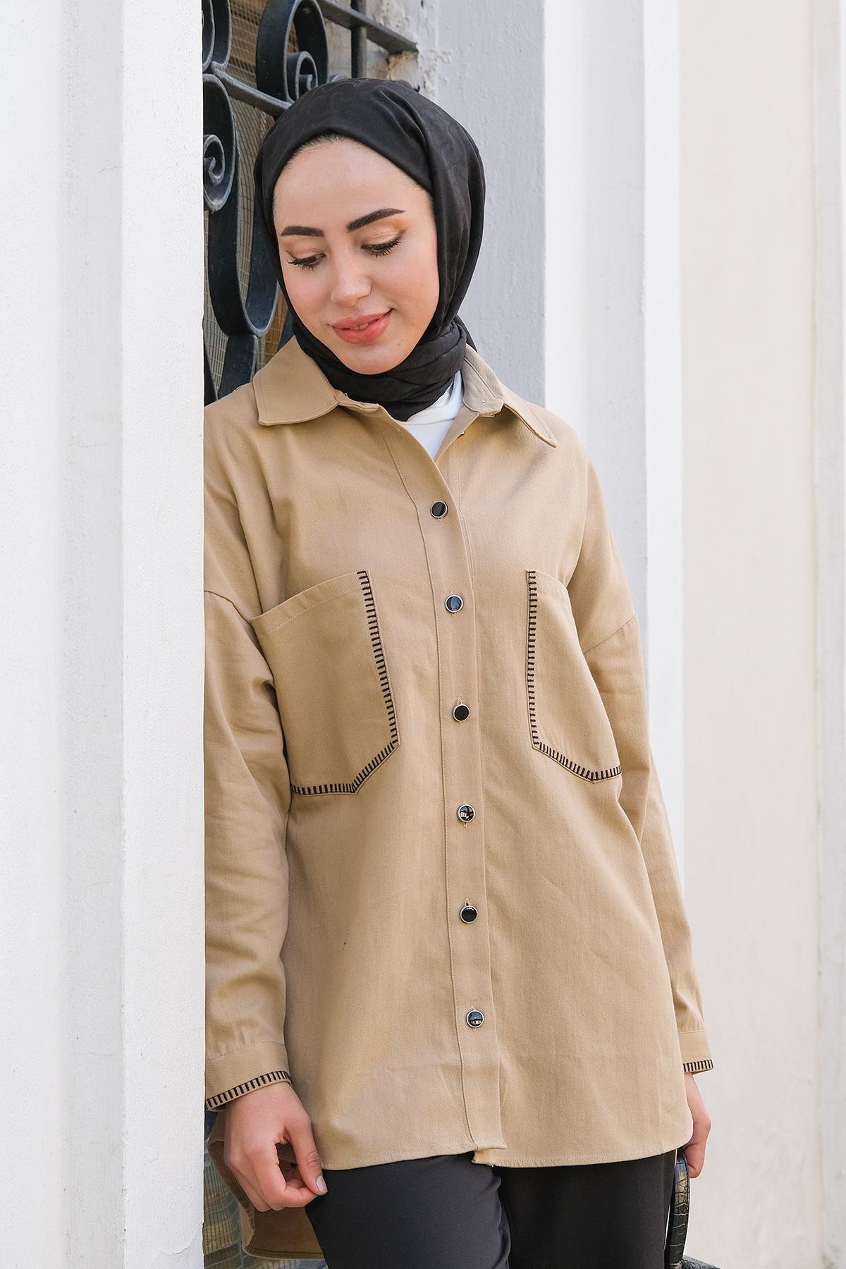 Gabardin Nakışlı Çeket Vizon