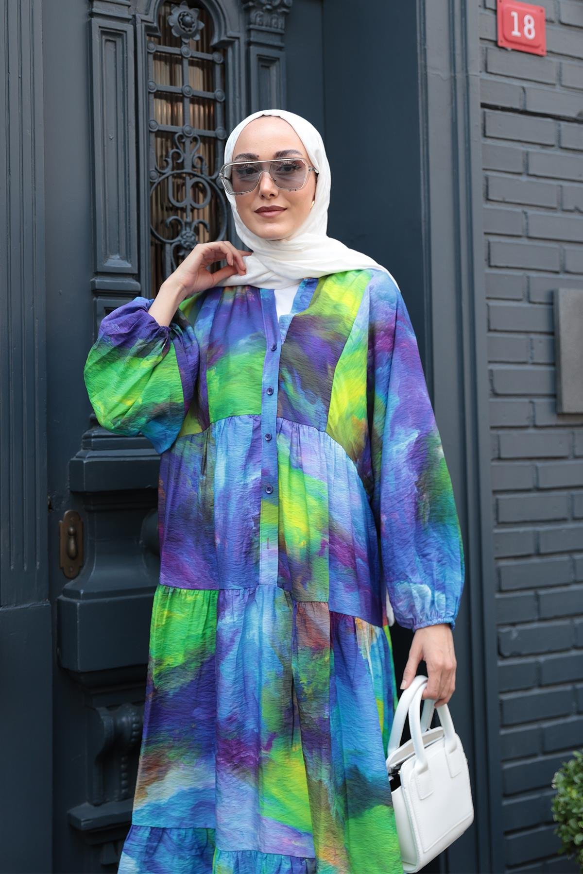 Galaksi Desenli Elbise Yeşil