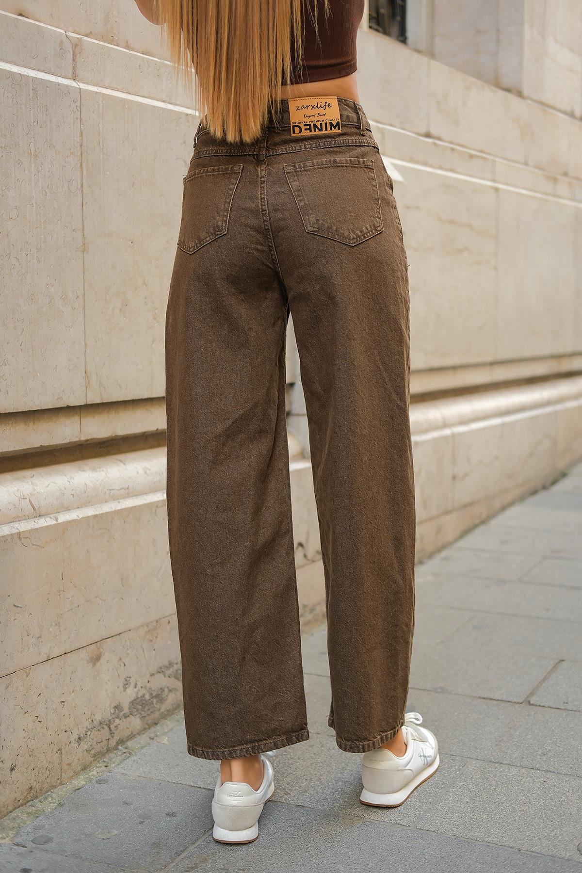 Geniş Kesim Kot Pantolon Kahverengi