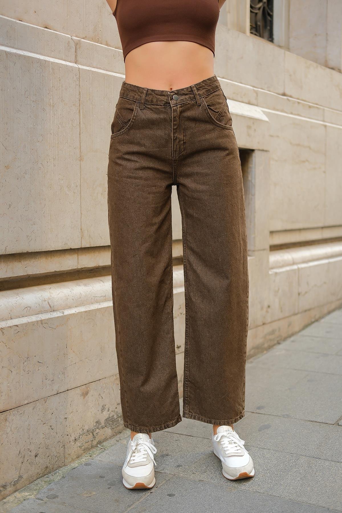 Geniş Kesim Kot Pantolon Kahverengi