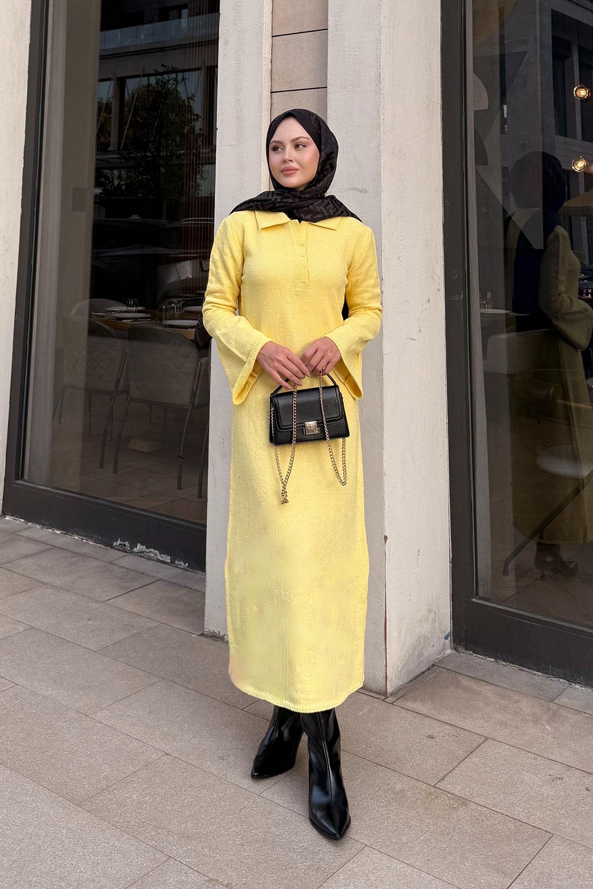 Geniş Kol Triko Elbise Sarı