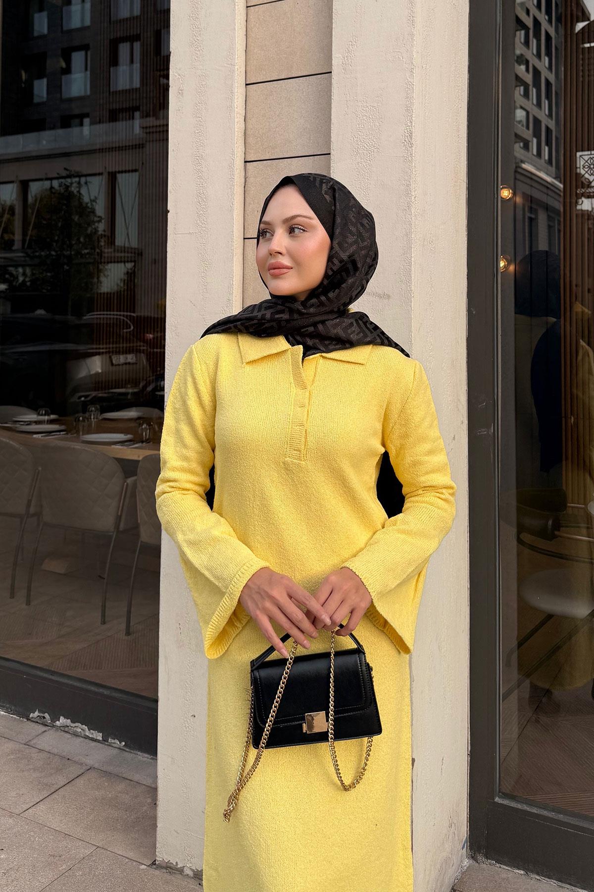 Geniş Kol Triko Elbise Sarı