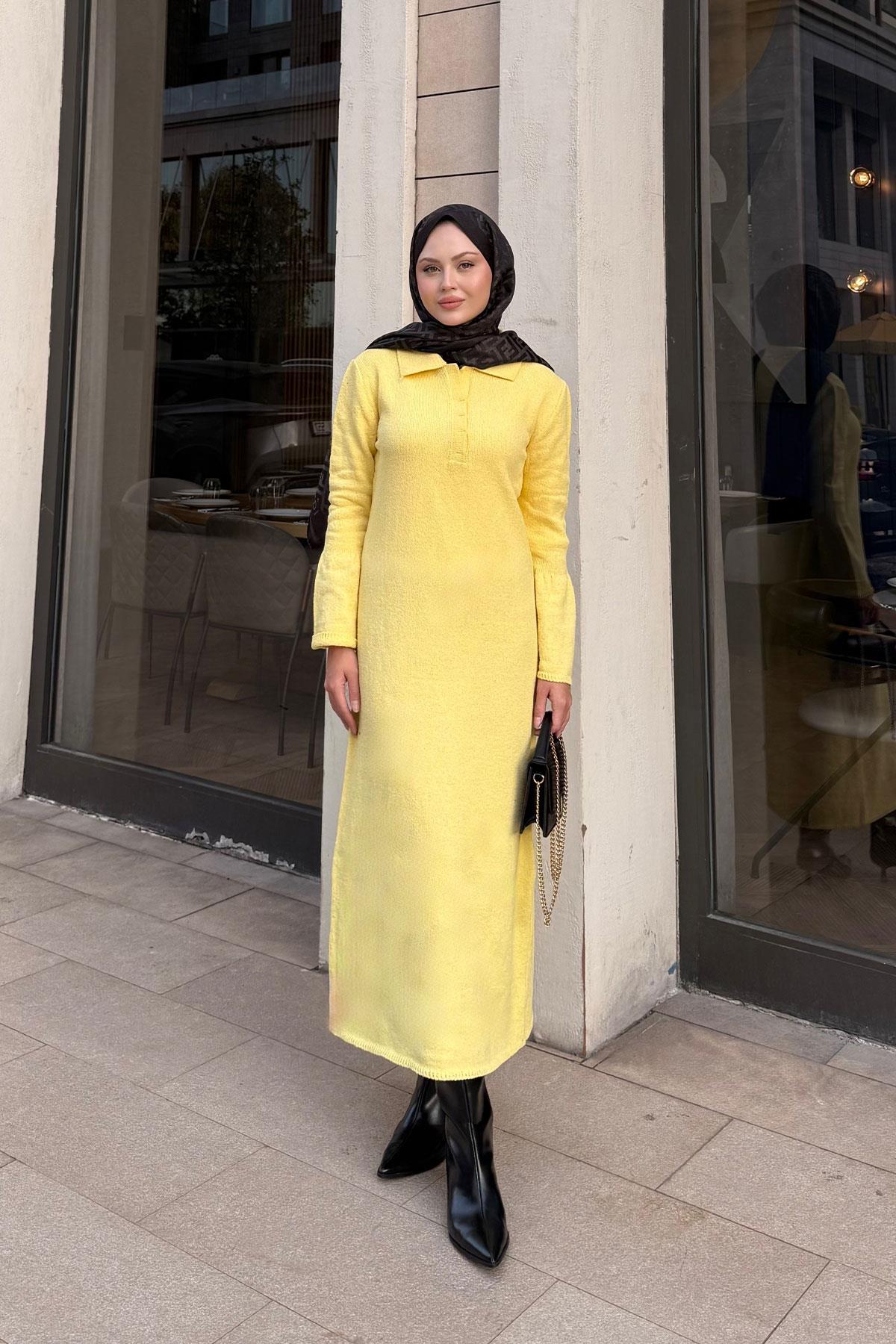 Geniş Kol Triko Elbise Sarı