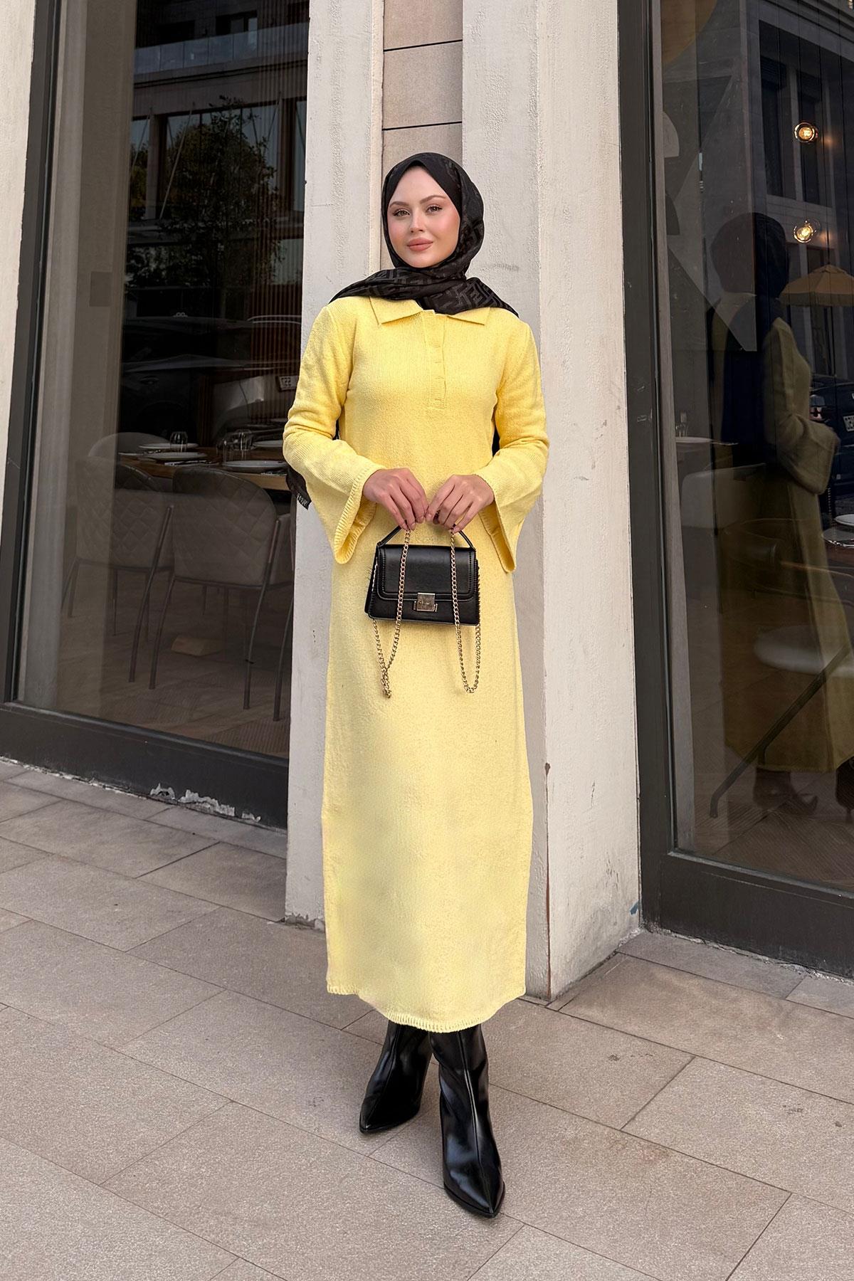 Geniş Kol Triko Elbise Sarı