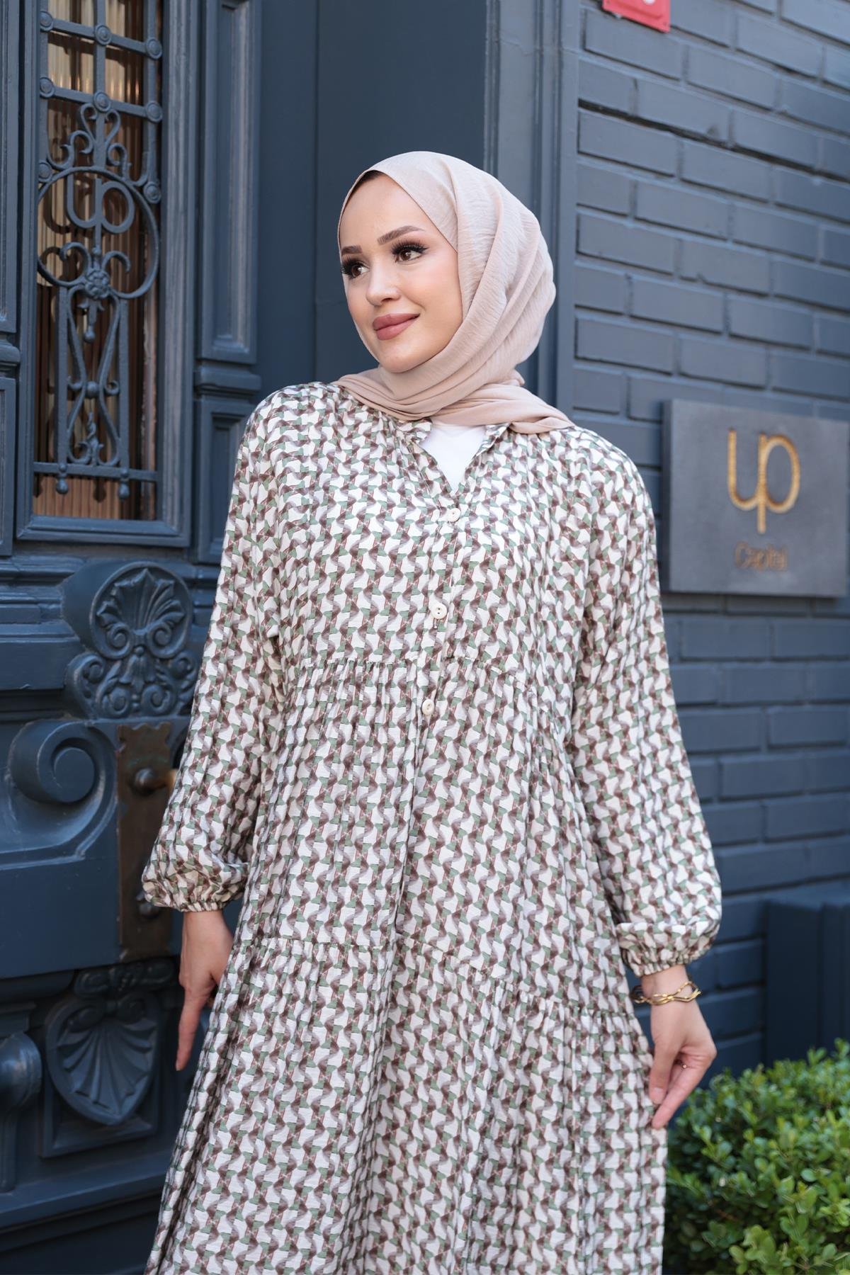 Geometrik Dalgalı Desenli Elbise Haki Yeşil