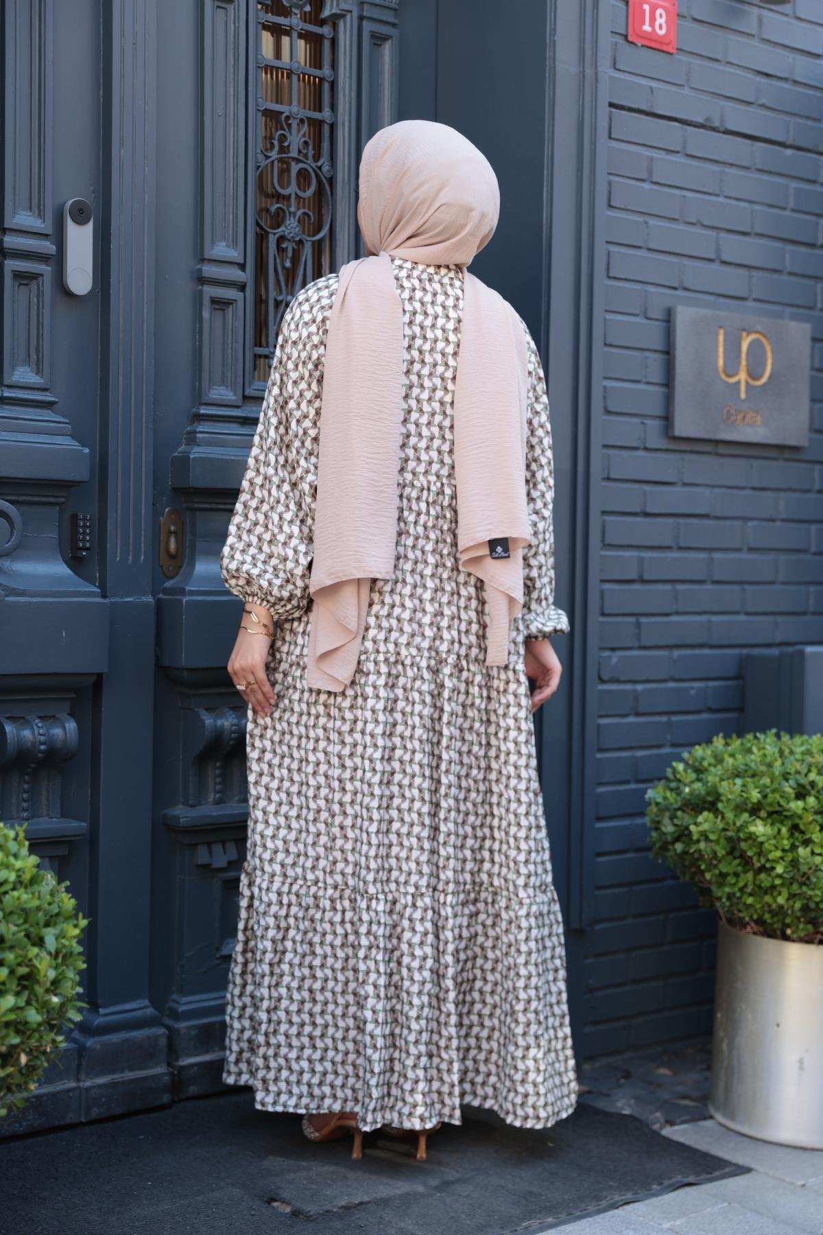 Geometrik Dalgalı Desenli Elbise Haki Yeşil