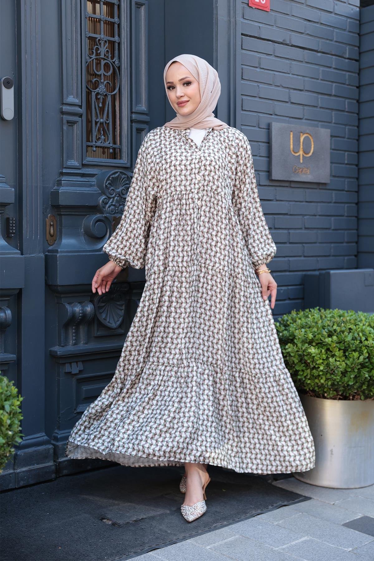 Geometrik Dalgalı Desenli Elbise Haki Yeşil