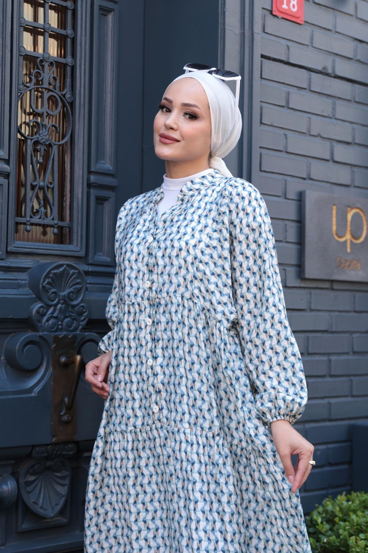 Geometrik Dalgalı Desenli Elbise Mavi