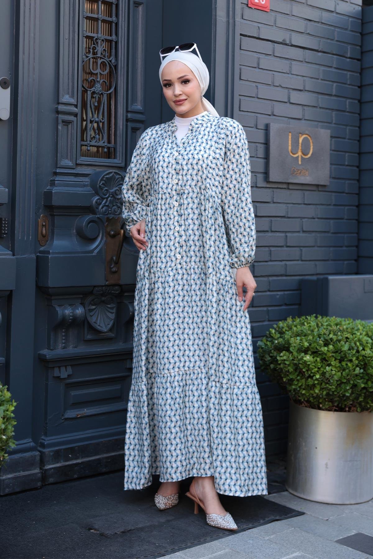 Geometrik Dalgalı Desenli Elbise Mavi