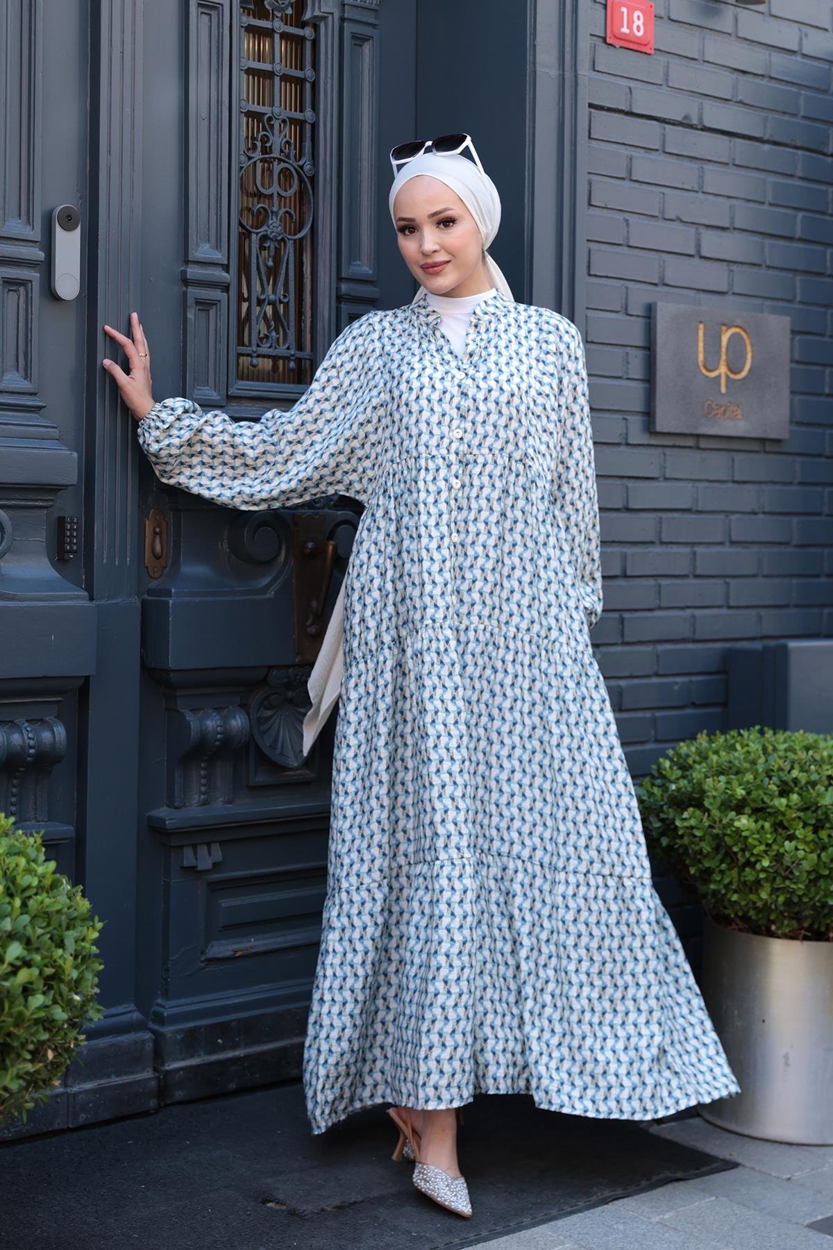 Geometrik Dalgalı Desenli Elbise Mavi