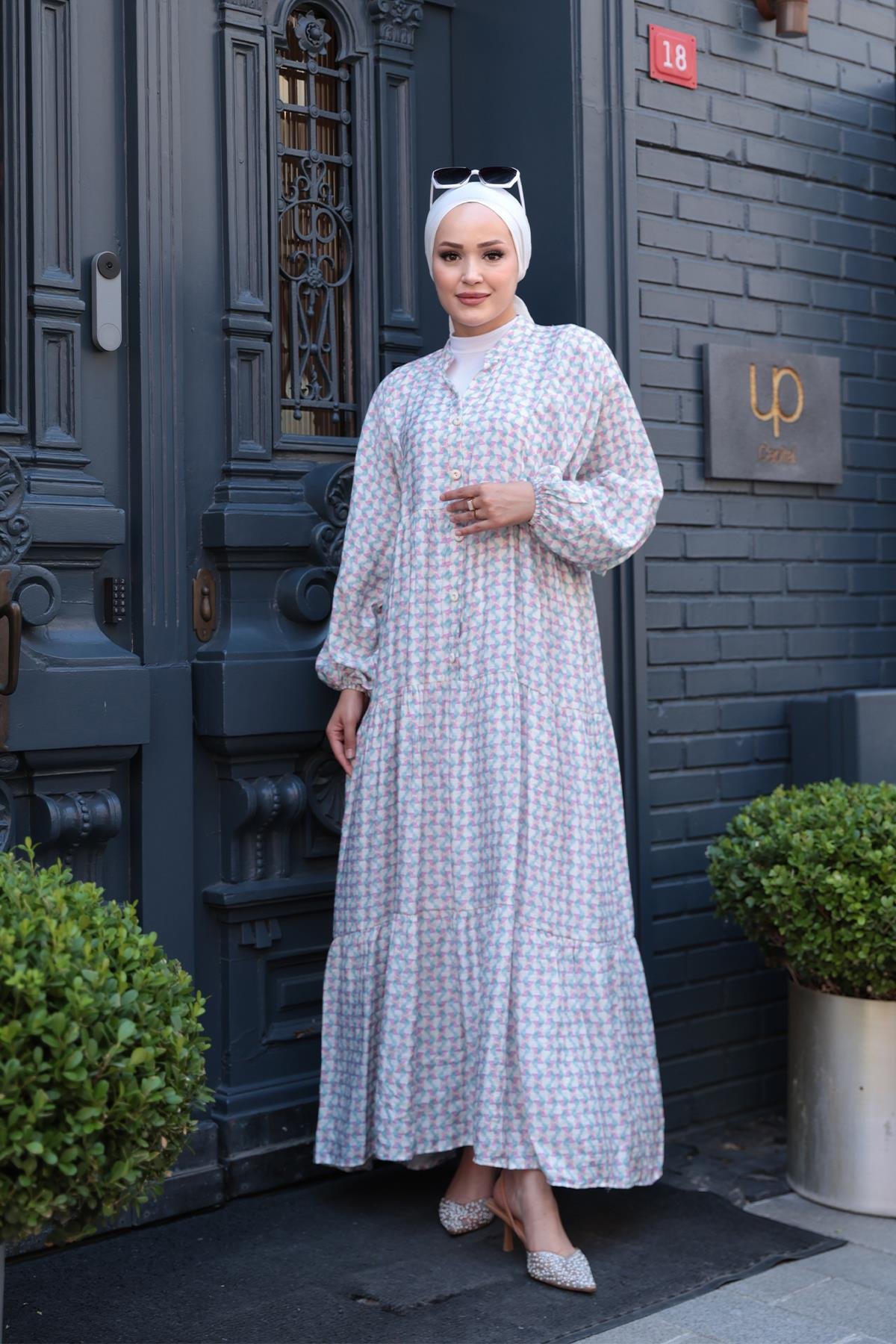 Geometrik Dalgalı Desenli Elbise Pembe