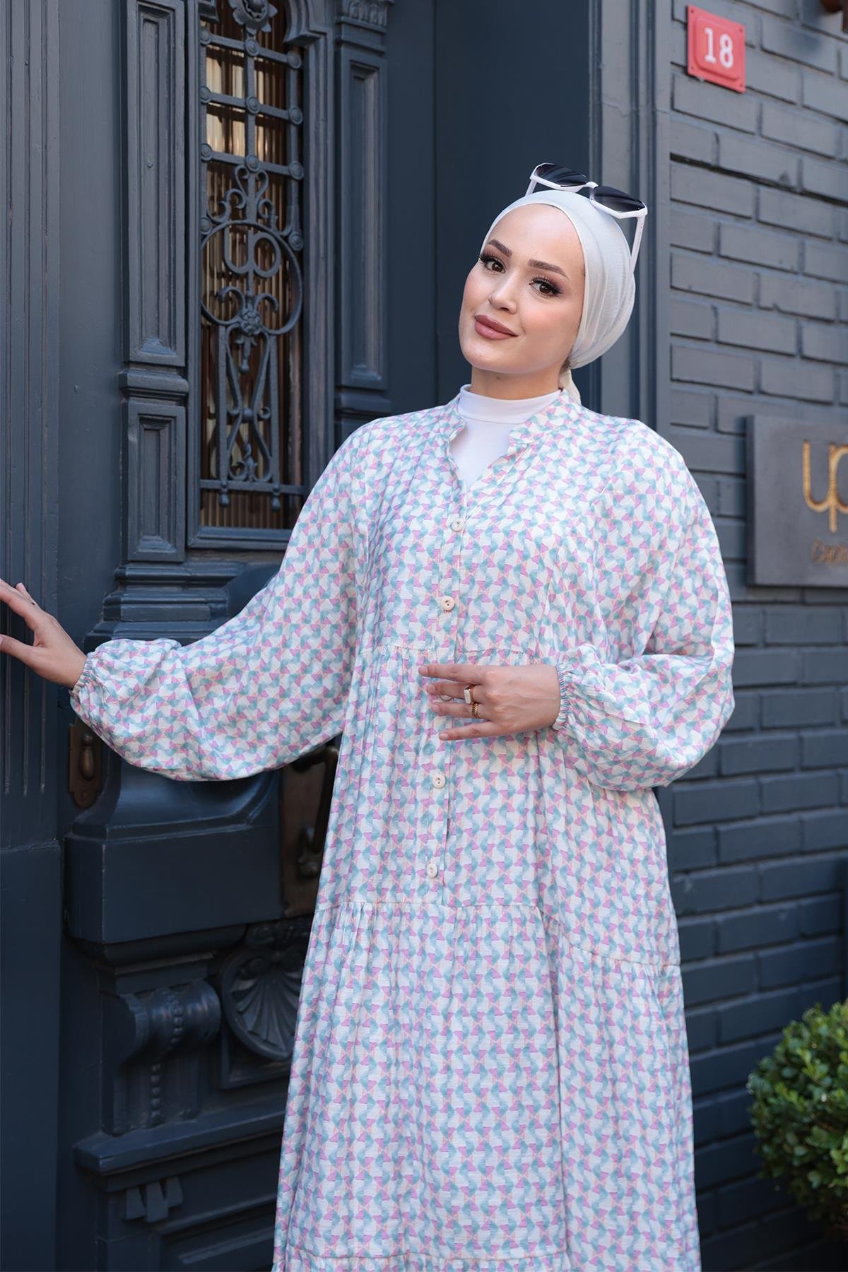 Geometrik Dalgalı Desenli Elbise Pembe