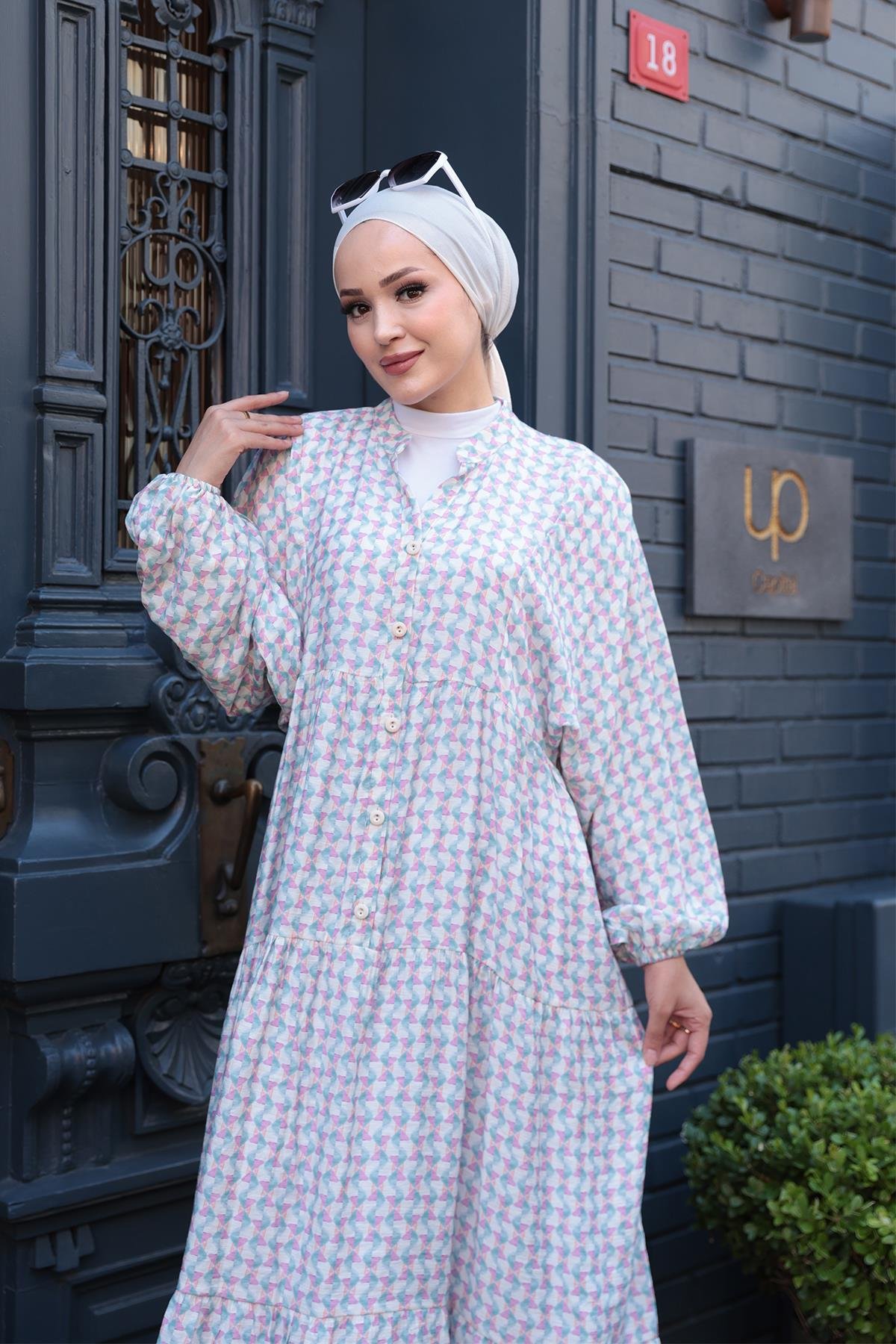 Geometrik Dalgalı Desenli Elbise Pembe