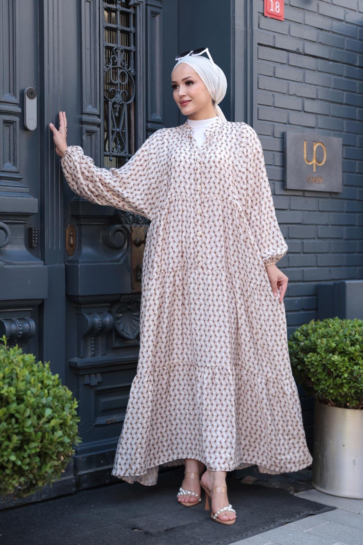 Geometrik Dalgalı Desenli Elbise Vizon