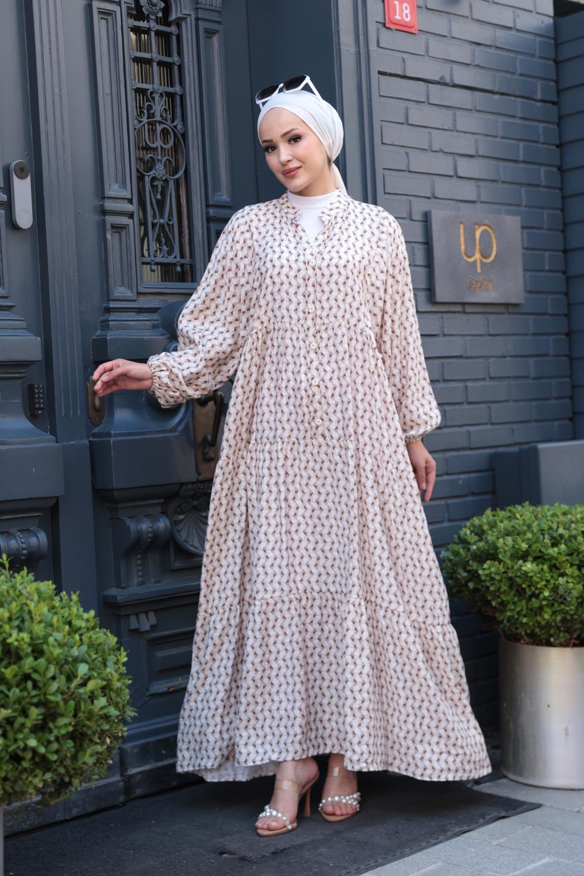 Geometrik Dalgalı Desenli Elbise Vizon