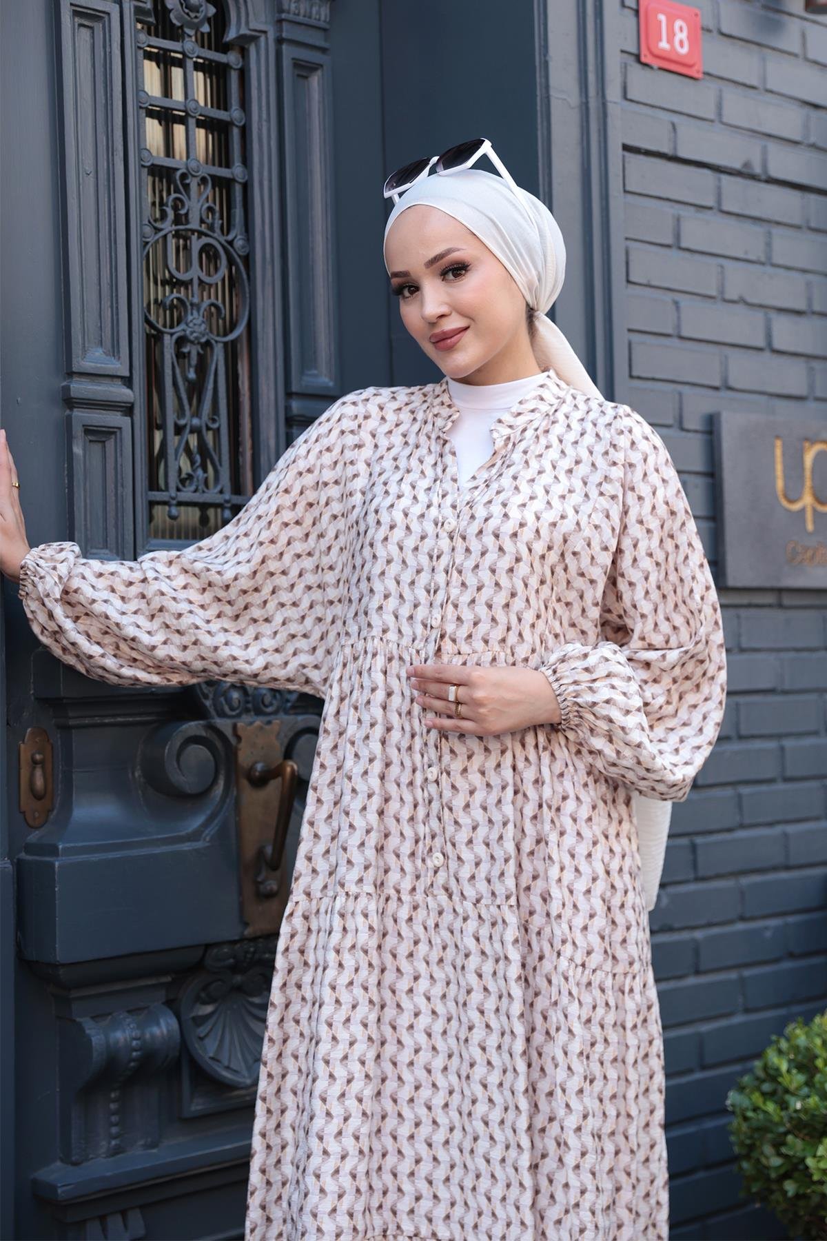 Geometrik Dalgalı Desenli Elbise Vizon