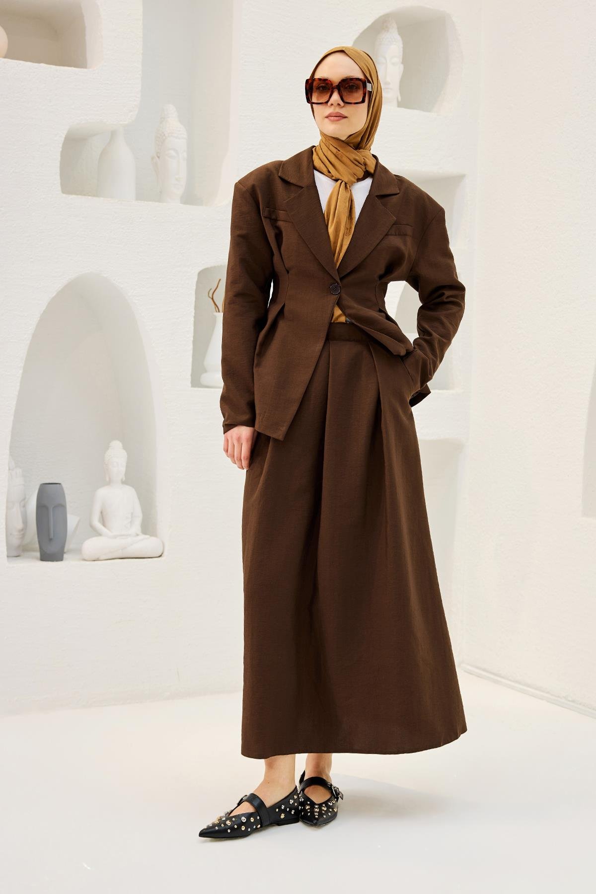 Gizli Cep Ve Önü Pile Detaylı Takım Kahverengi