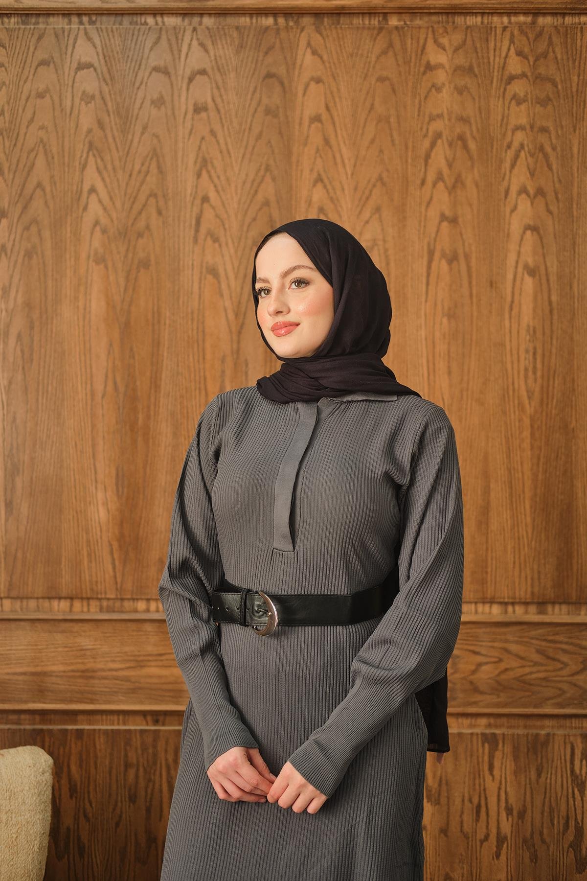 Gizli Düğme Detaylı Elbise Antrasit