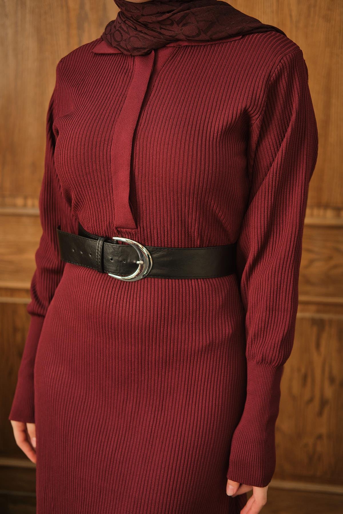 Gizli Düğme Detaylı Elbise Bordo