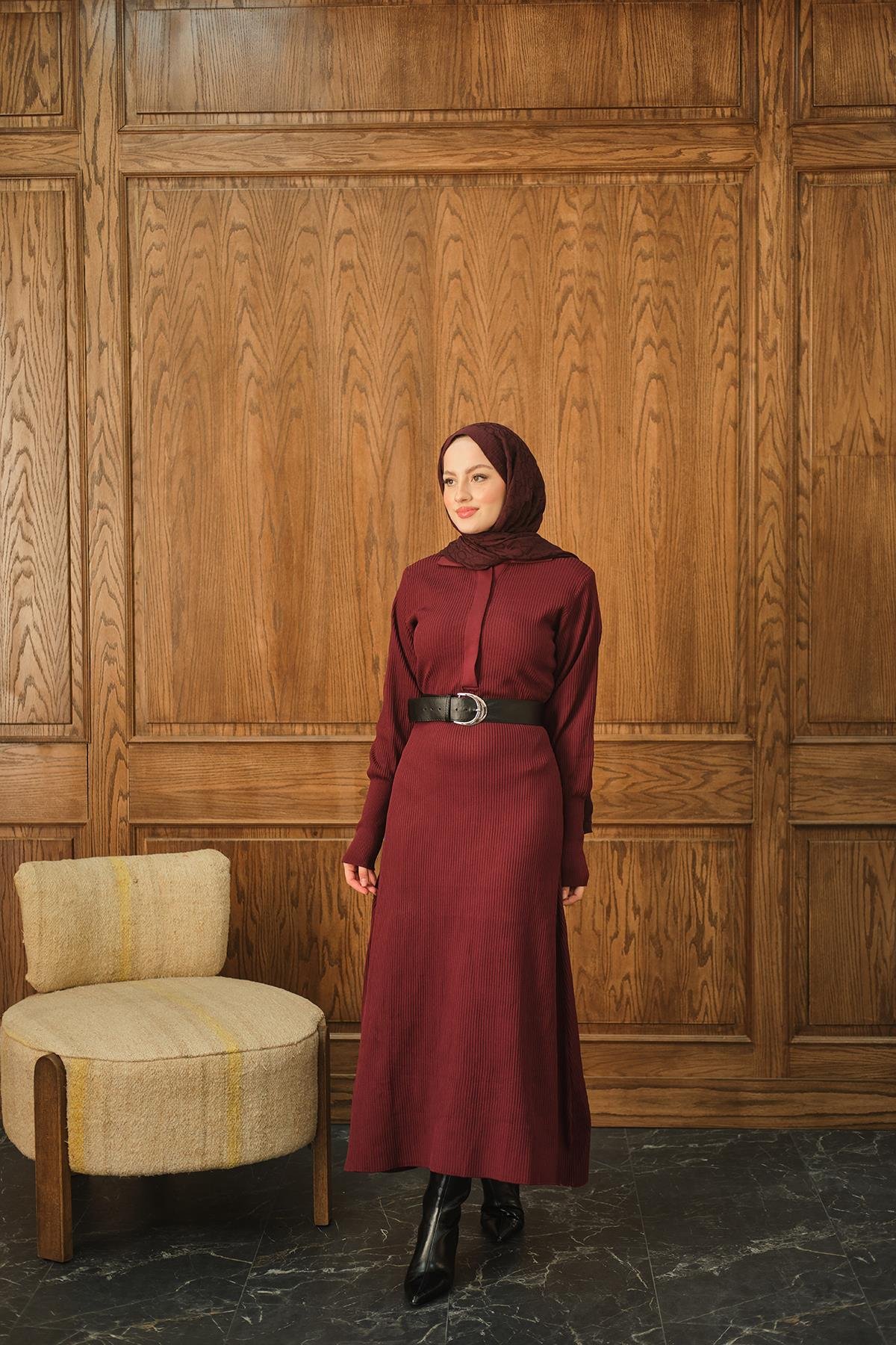 Gizli Düğme Detaylı Elbise Bordo