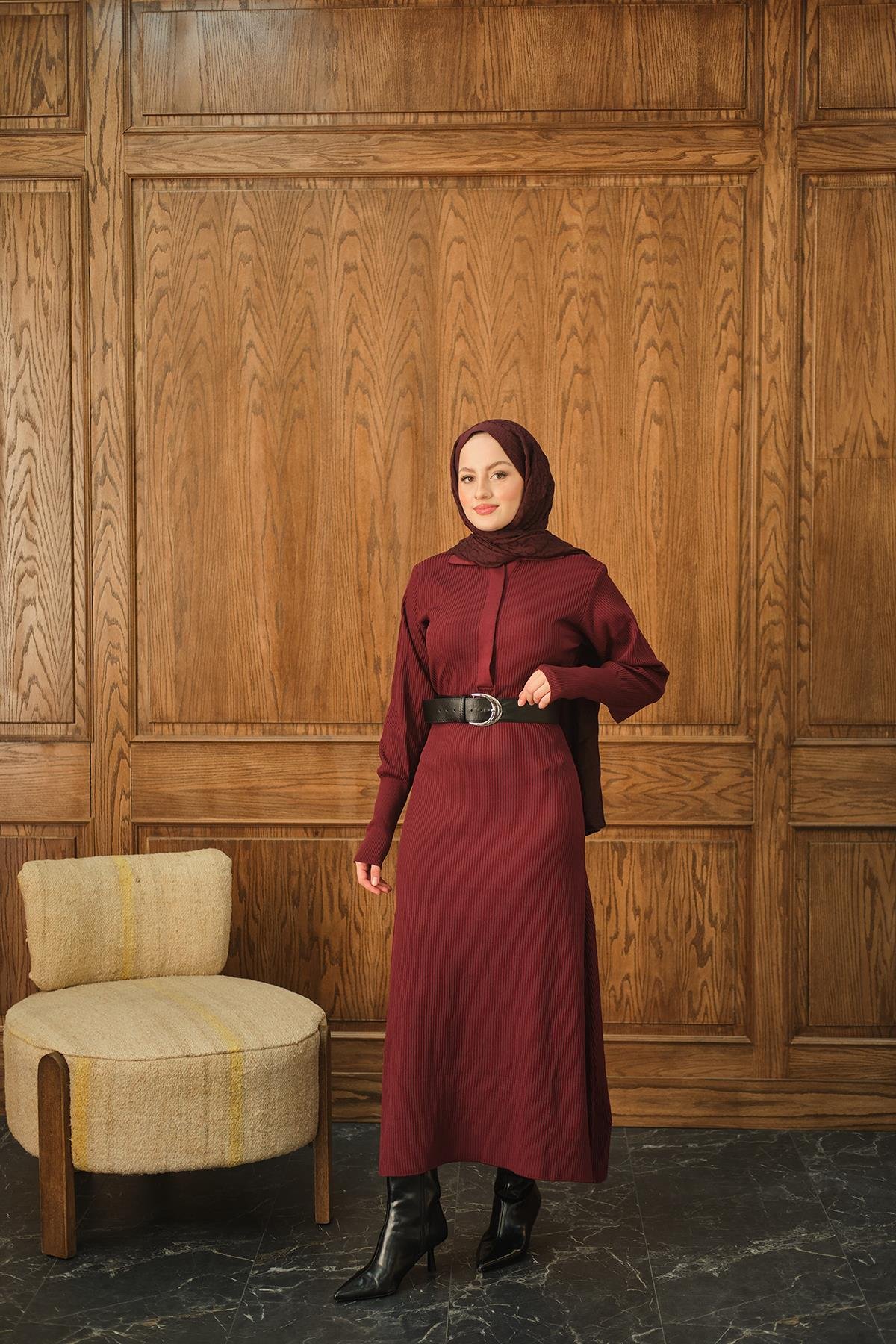 Gizli Düğme Detaylı Elbise Bordo
