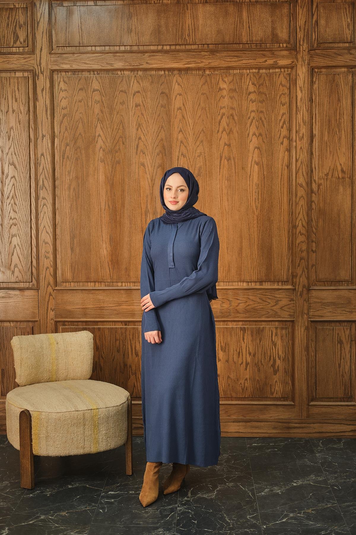 Gizli Düğme Detaylı Elbise İndigo Mavi